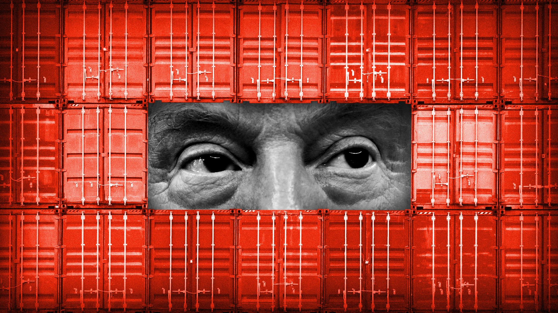 Photo illustration of President Trump peaking out from stacked shipping containers
