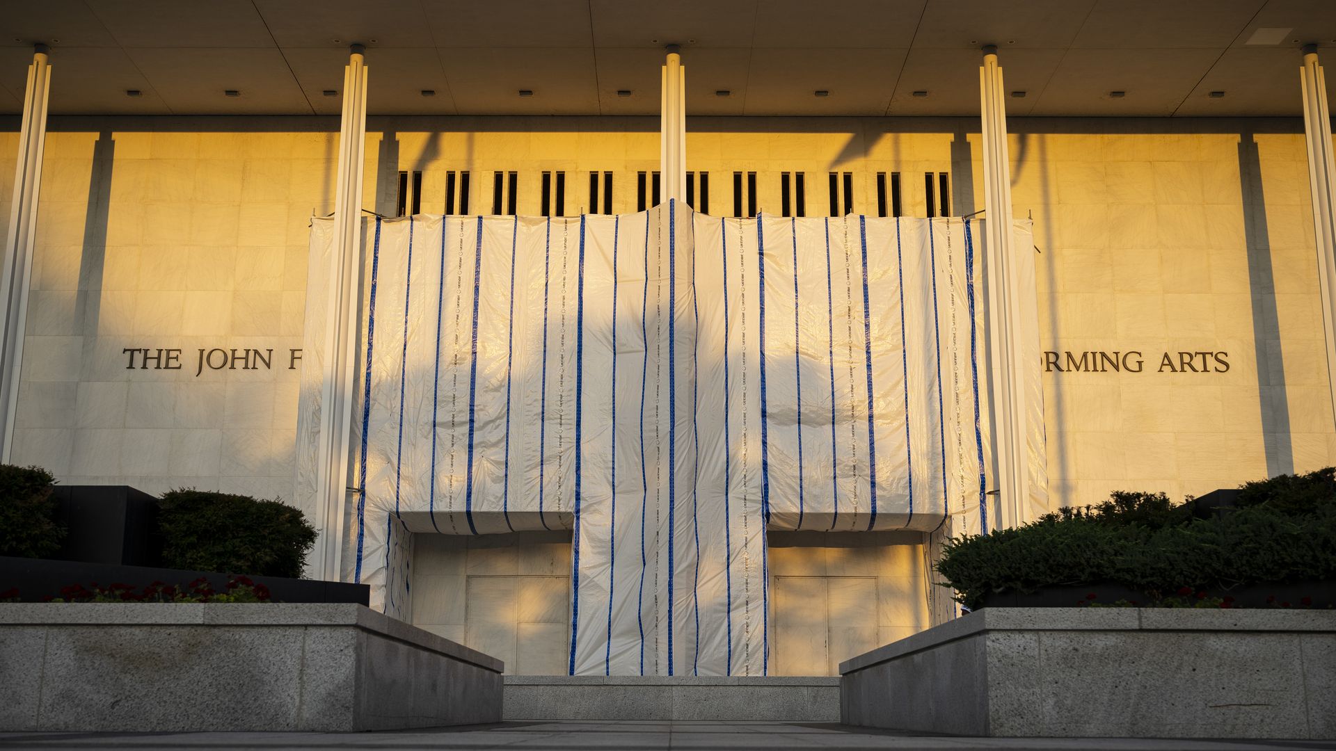 he John F. Kennedy Center for the Performing Arts with covering over its entrance