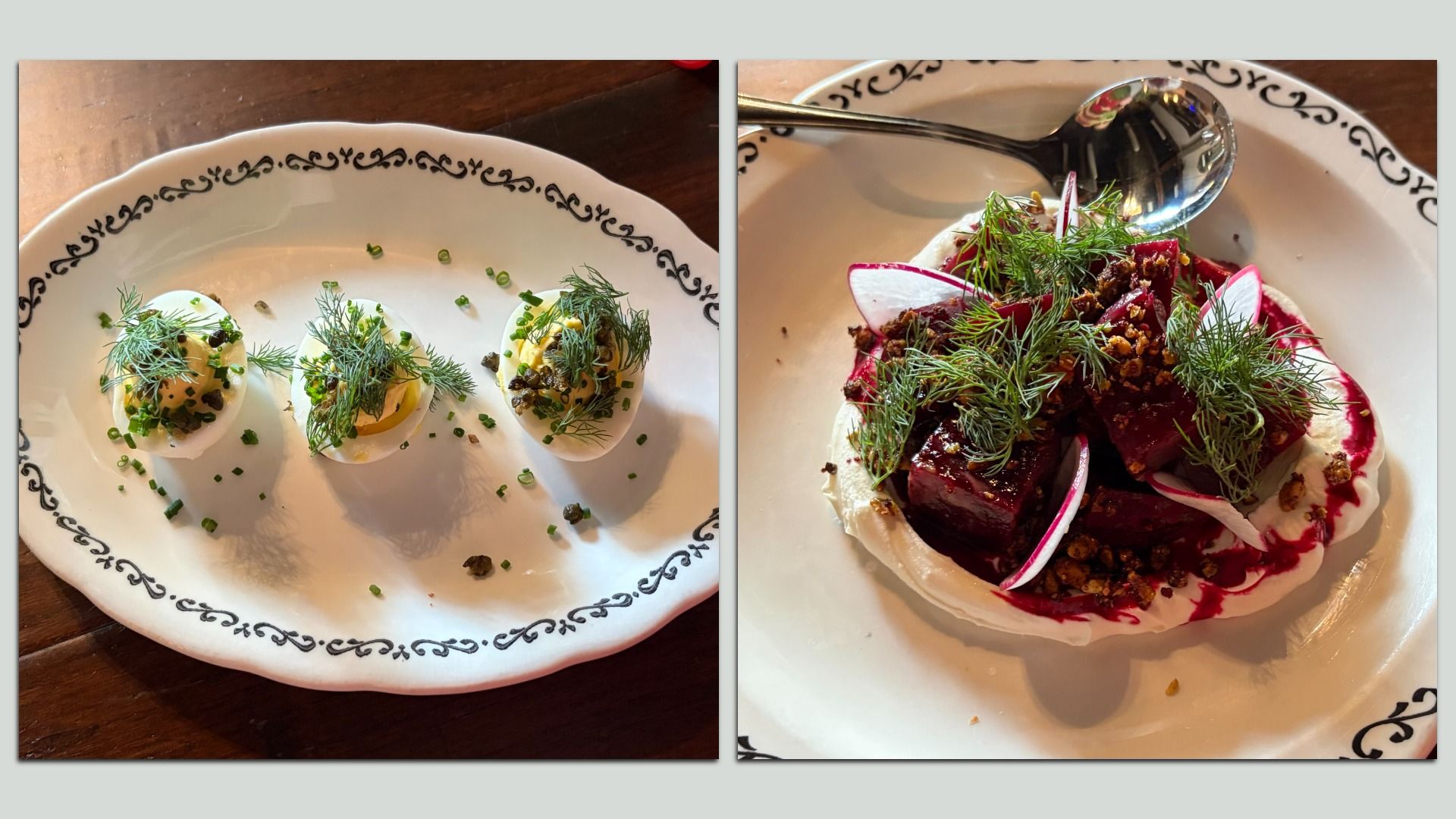 Collage of two plates: left shows three deviled eggs garnished with dill and chives on a plate; right shows a beetroot salad with radish, fennel, dill, and crushed nuts on a white plate.