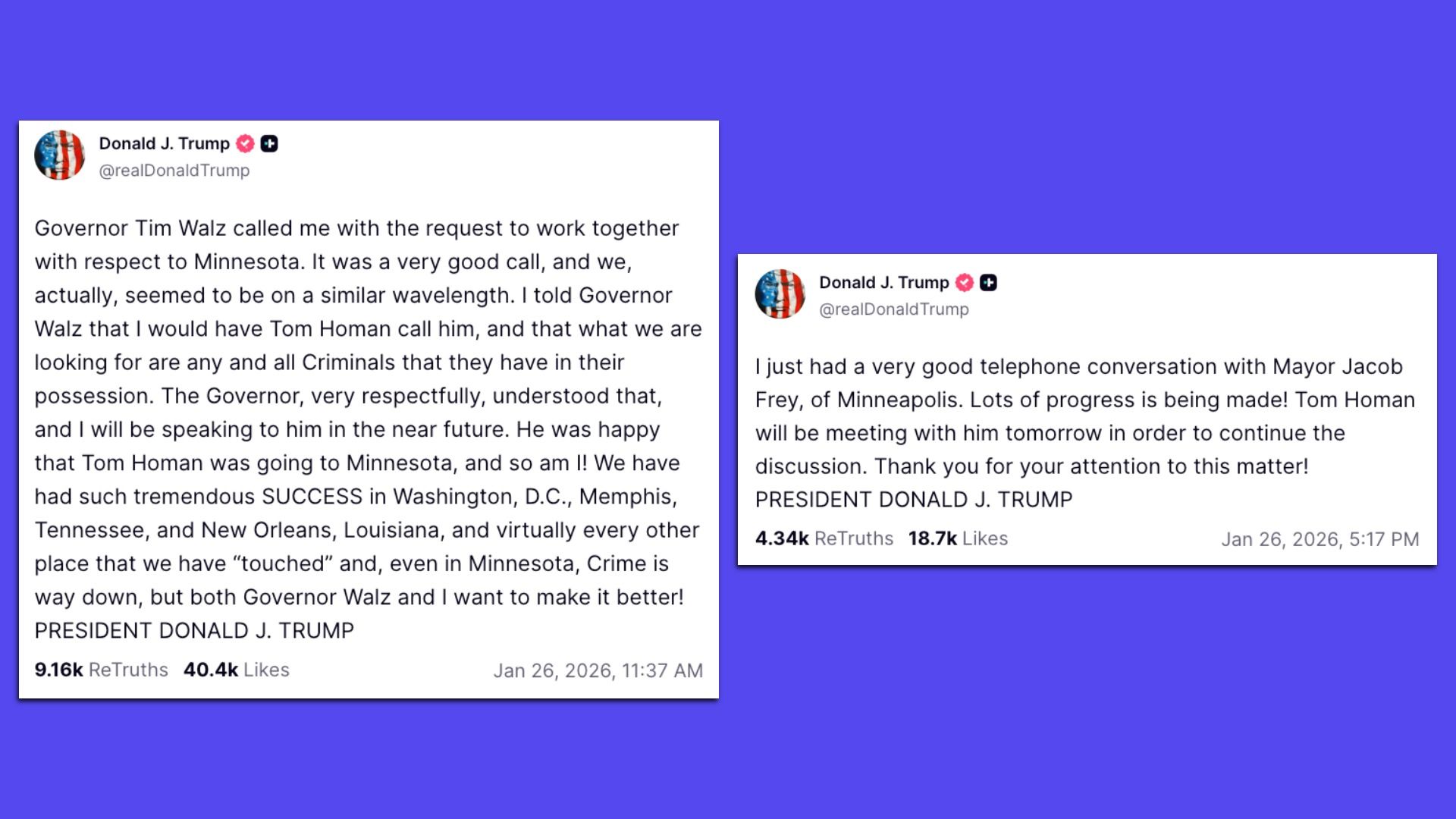 Two posts from Donald J. Trump on Jan 26, 2026, about working with Minnesota officials Governor Walz and Mayor Jacob Frey, mentioning Tom Homan and efforts to reduce crime.