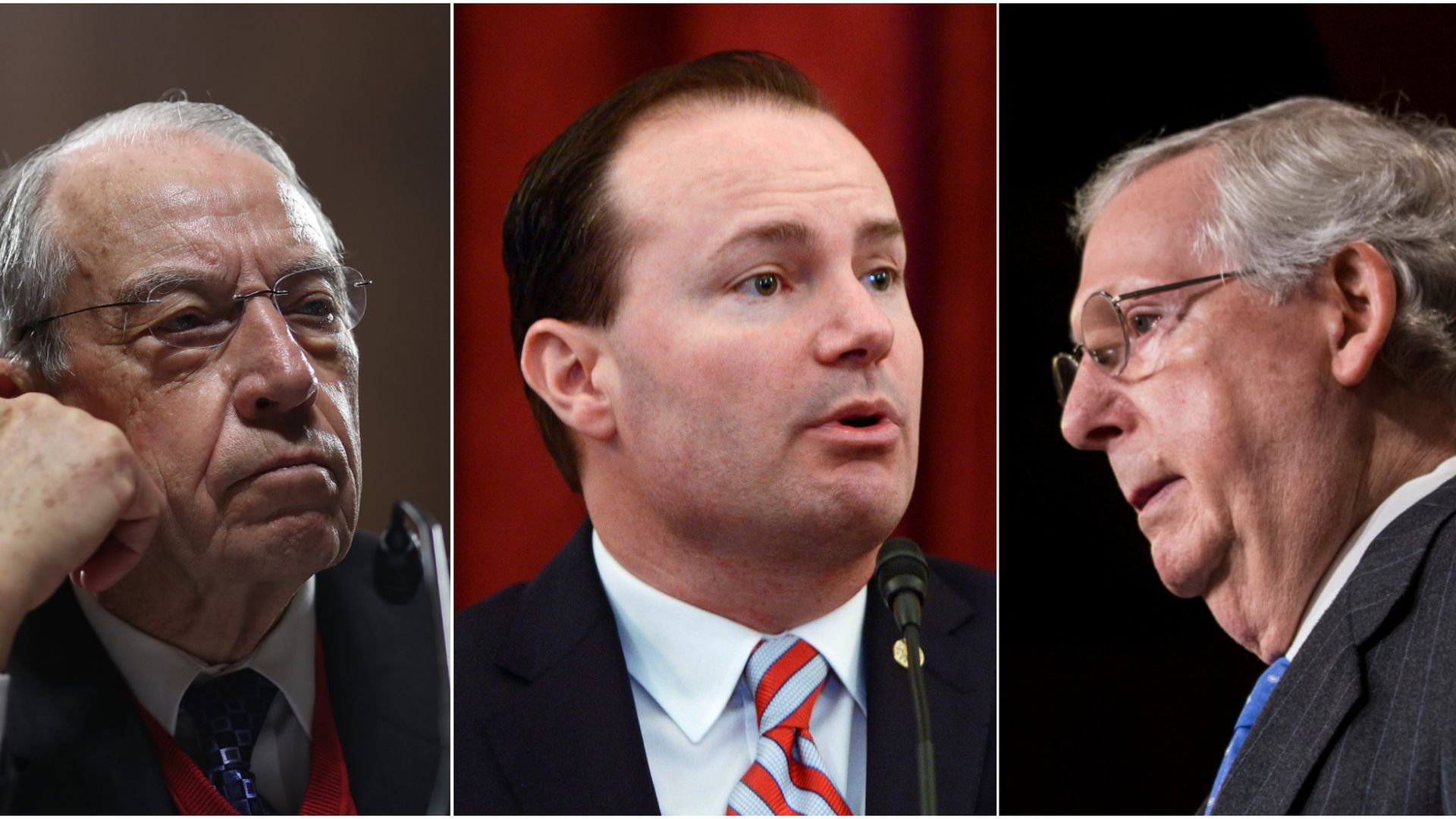 A three-way split photo with Sen. Chuck Grassley on the far left, Sen. Mike Lee in the middle and Sen. Mitch McConnell on the far right.