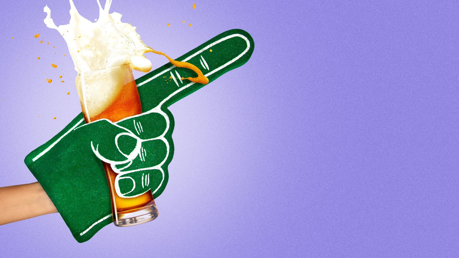 Illustration of a person with a foam sports hand holding a glass of beer