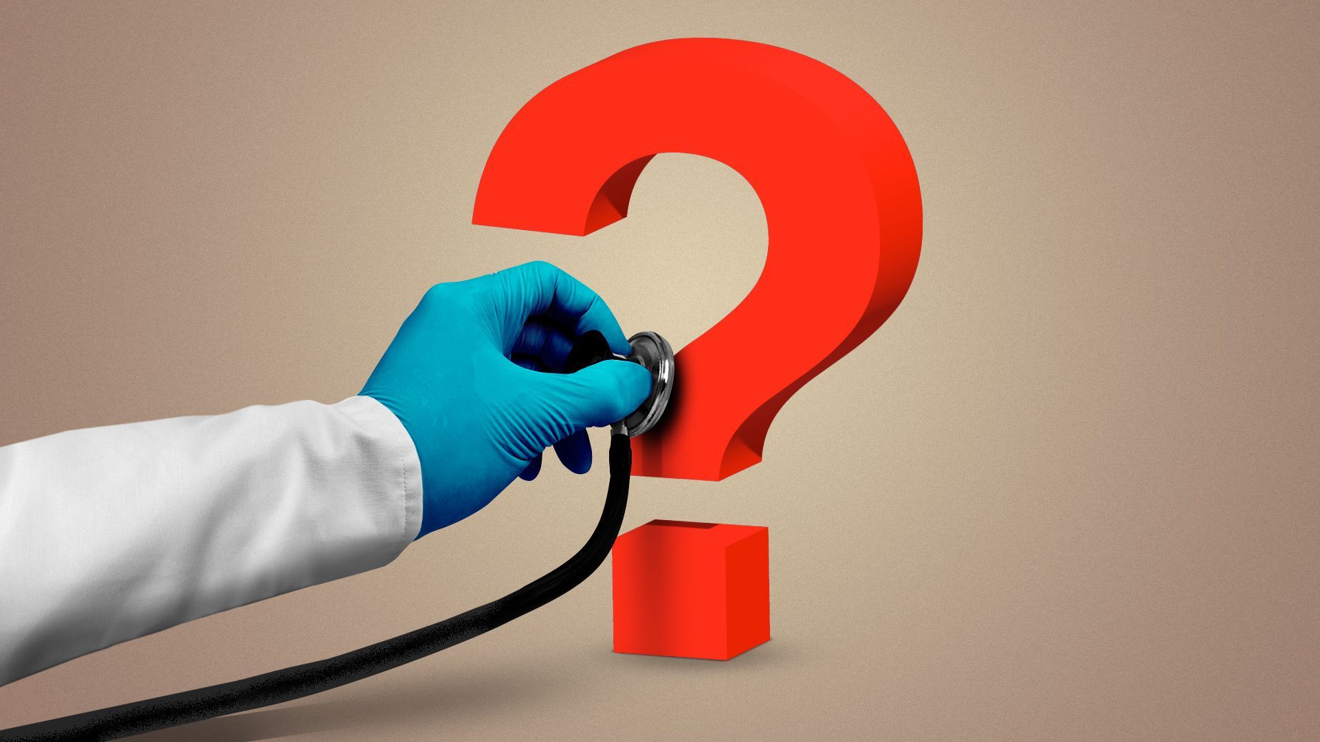 Illustration of a healthcare worker's hand holding a stethoscope up to a hovering question mark. 