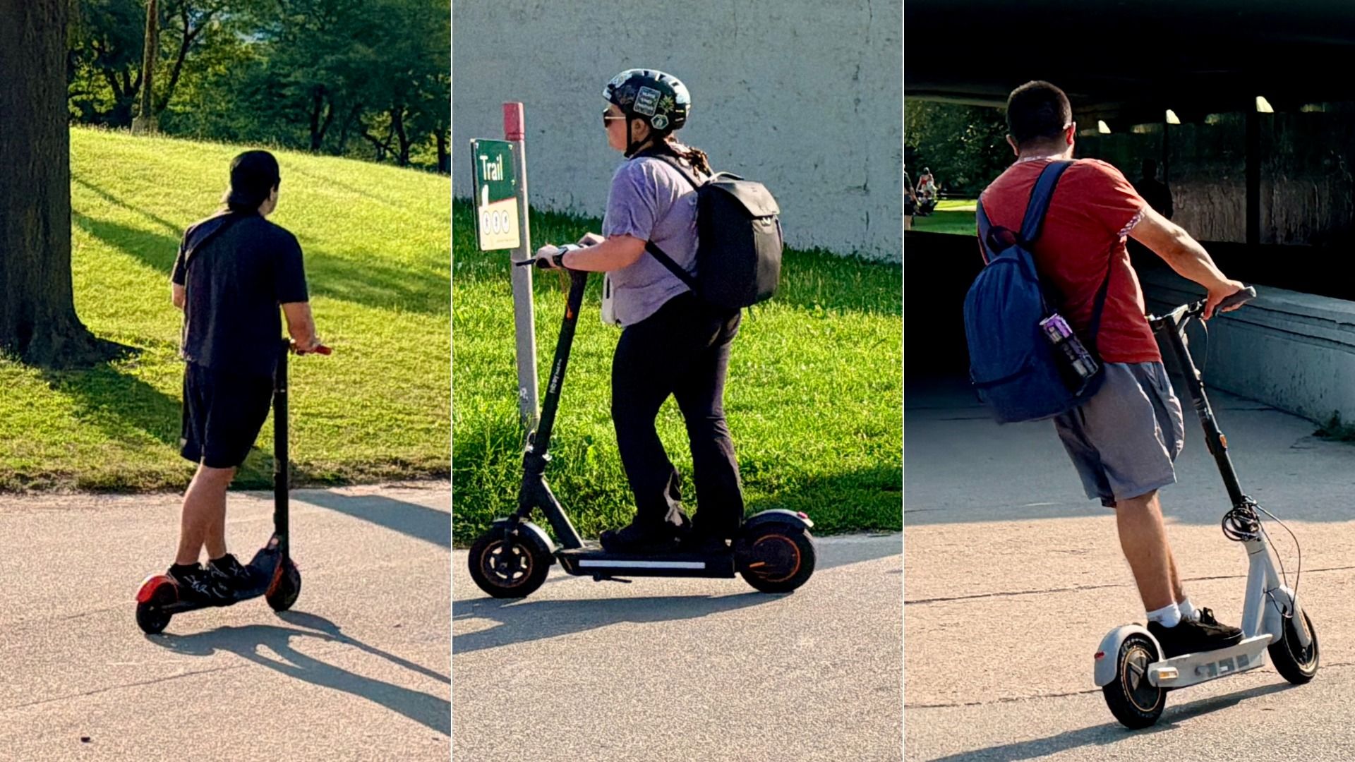 Triptych of three people on scooters in a park: left rider in a dark shirt, middle rider with helmet and backpack by a trail sign, right rider in an orange shirt with a blue backpack.