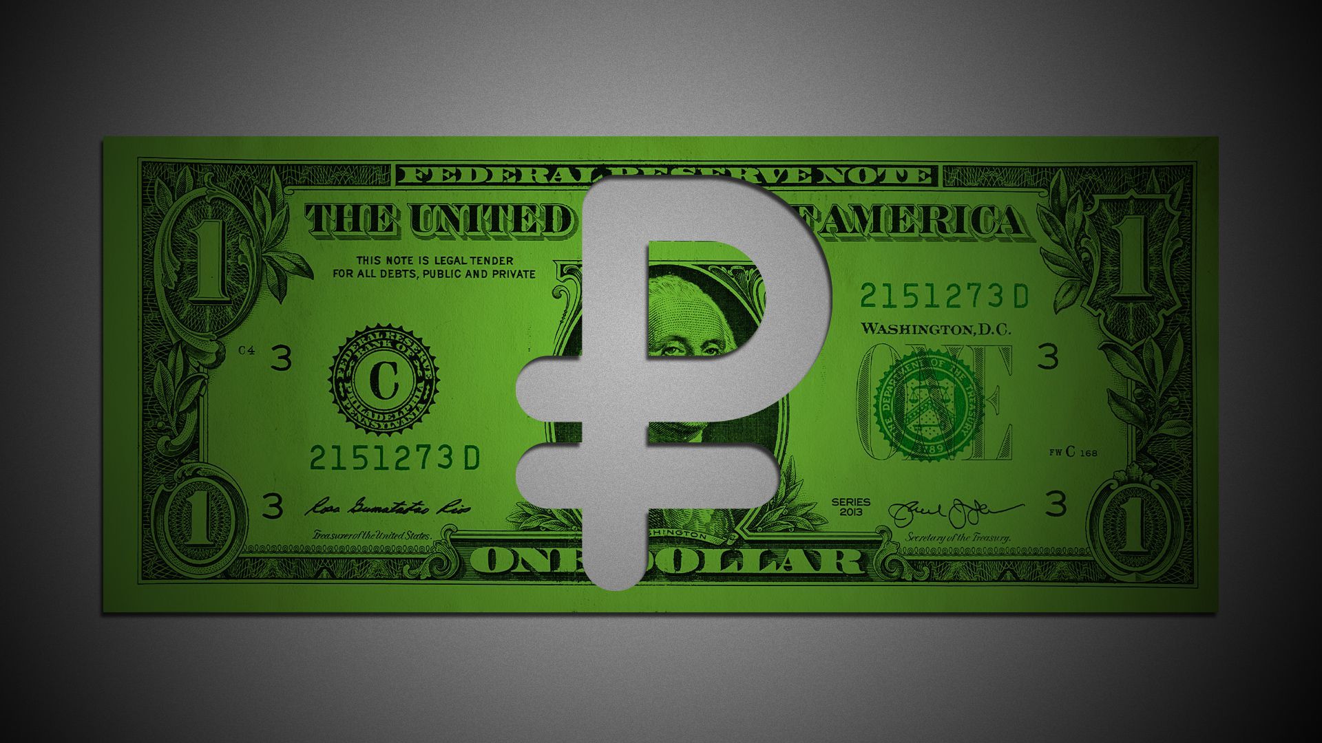 Illustration of a one dollar bill with a Russian ruble symbol cut out of the center.