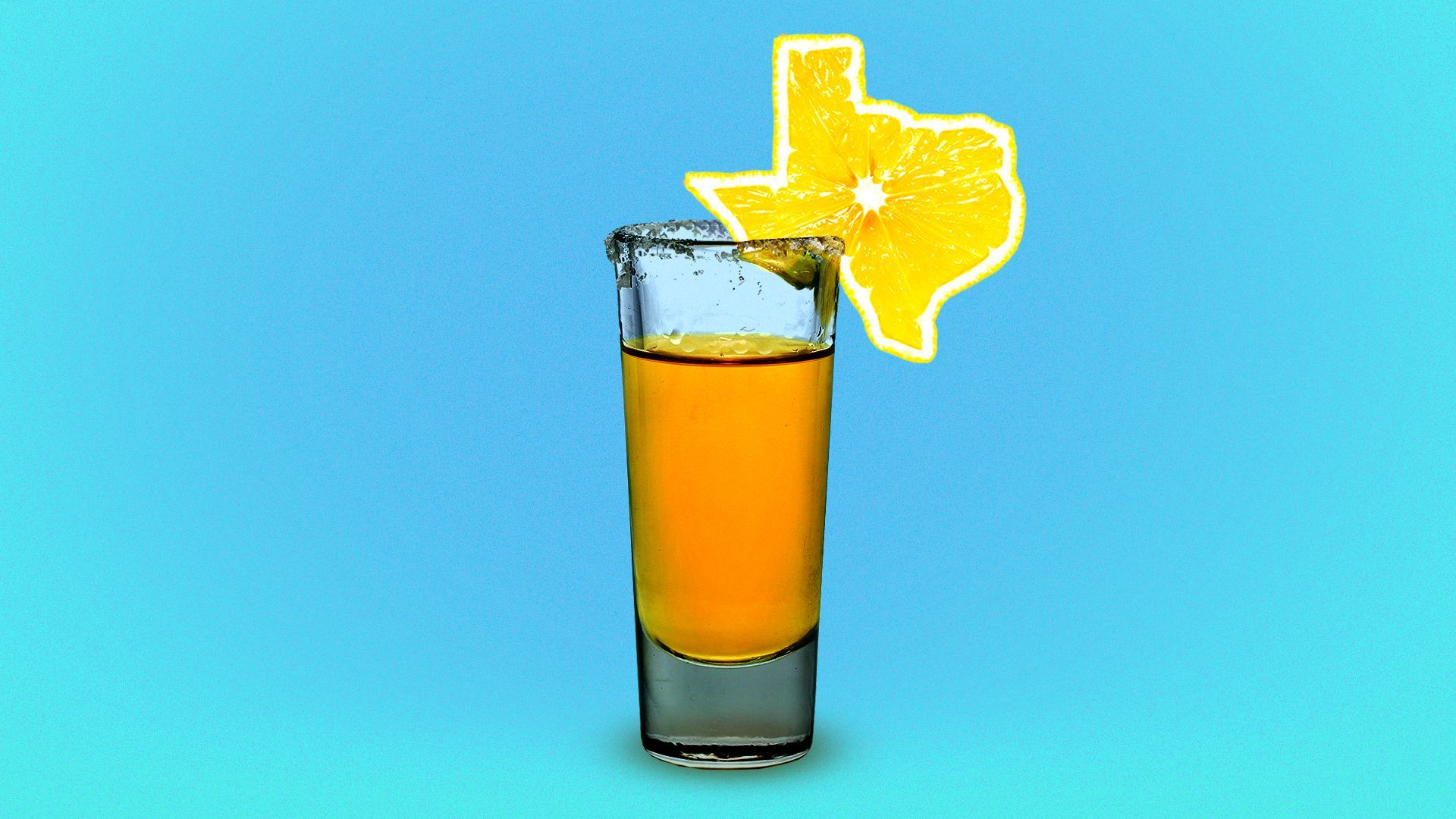 Illustration of a shot glass filled with tequila, dressed with a lemon shaped like Texas