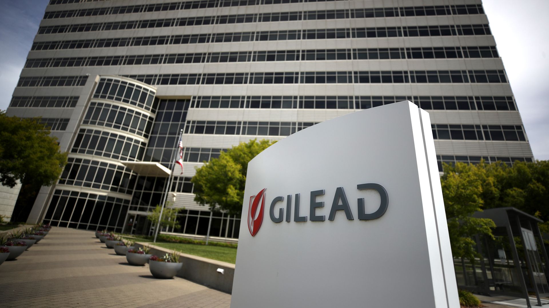 Gilead's logo outside of its headquarters building.