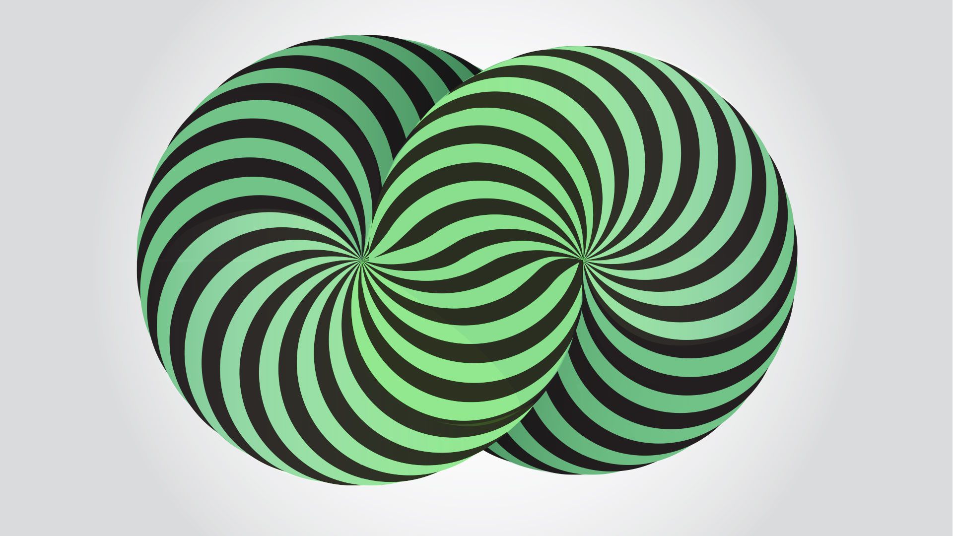 Illustration of two intersecting spiral shapes in green and black optical illusion lines.