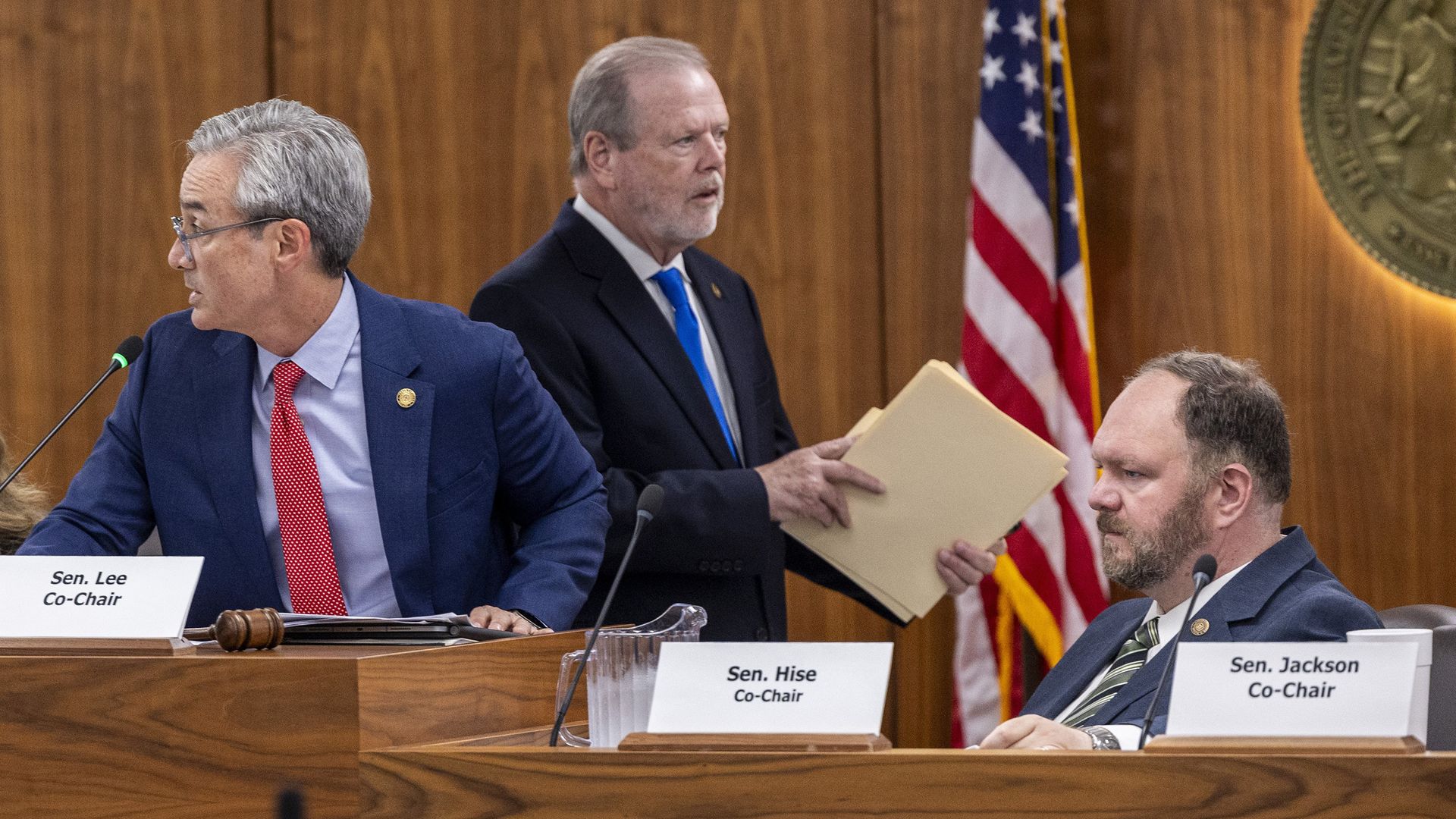 From left, Republican Senate leaders Mike Lee, Phil Berger and Ralph Hise lead a Senate Appropriations Committee meeting at the Legislative Office Building.