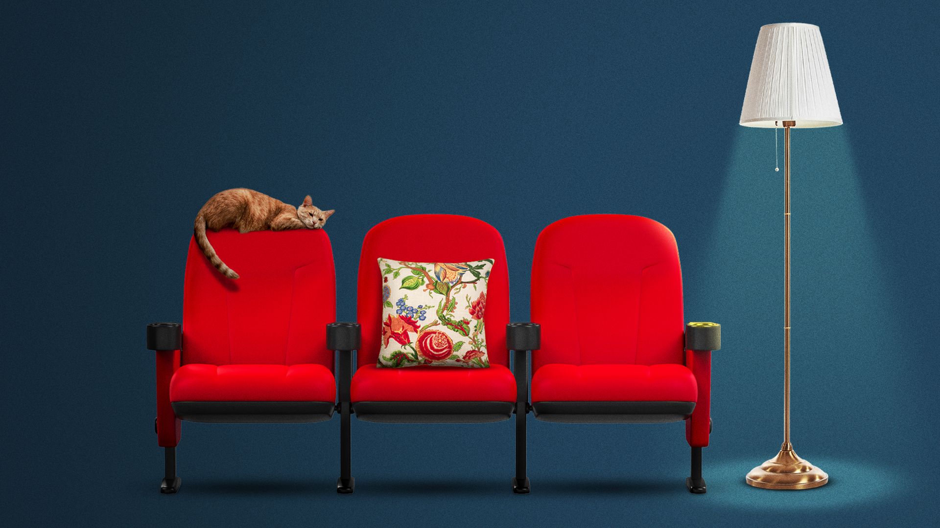 Illustration of a row of theater seats set up with a lamp, throw pillow, and cat, as if it is in a house. 