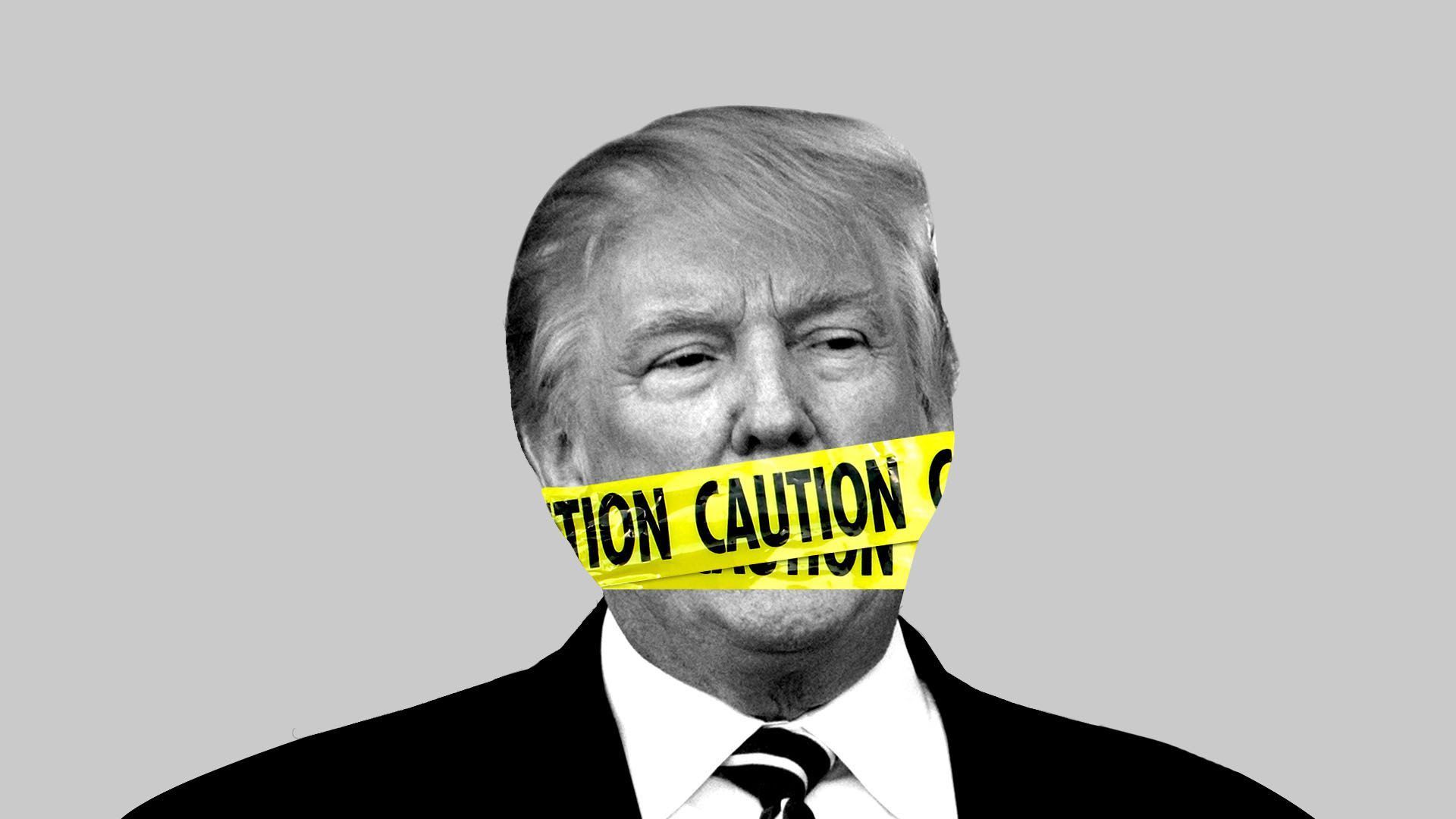 An illustration of caution tape over president Trump's mouth