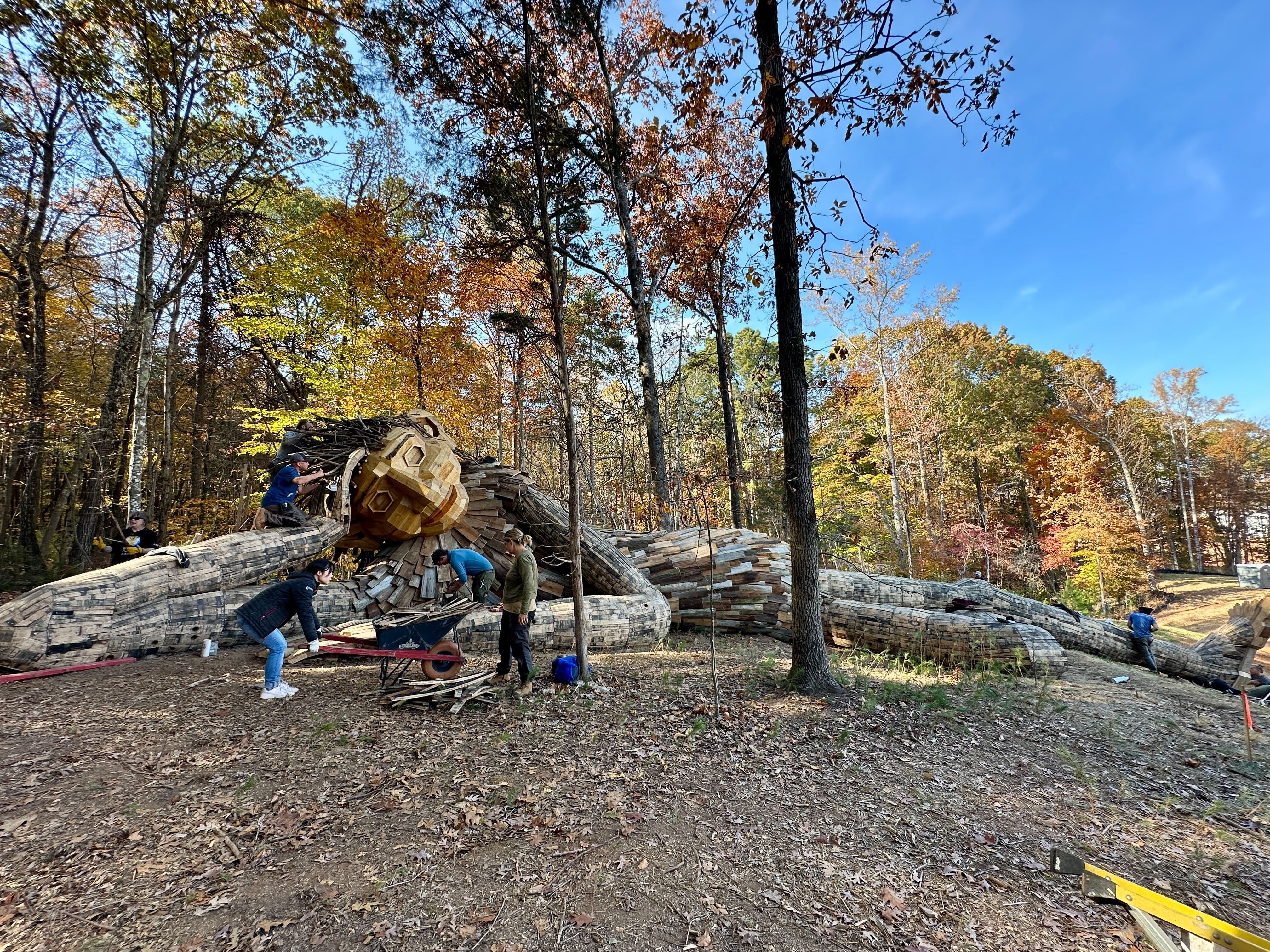 Several people working on assembling a large outdoor wooden sculpture of a reclining figure with a detailed face, surrounded by autumn trees under a clear blue sky.