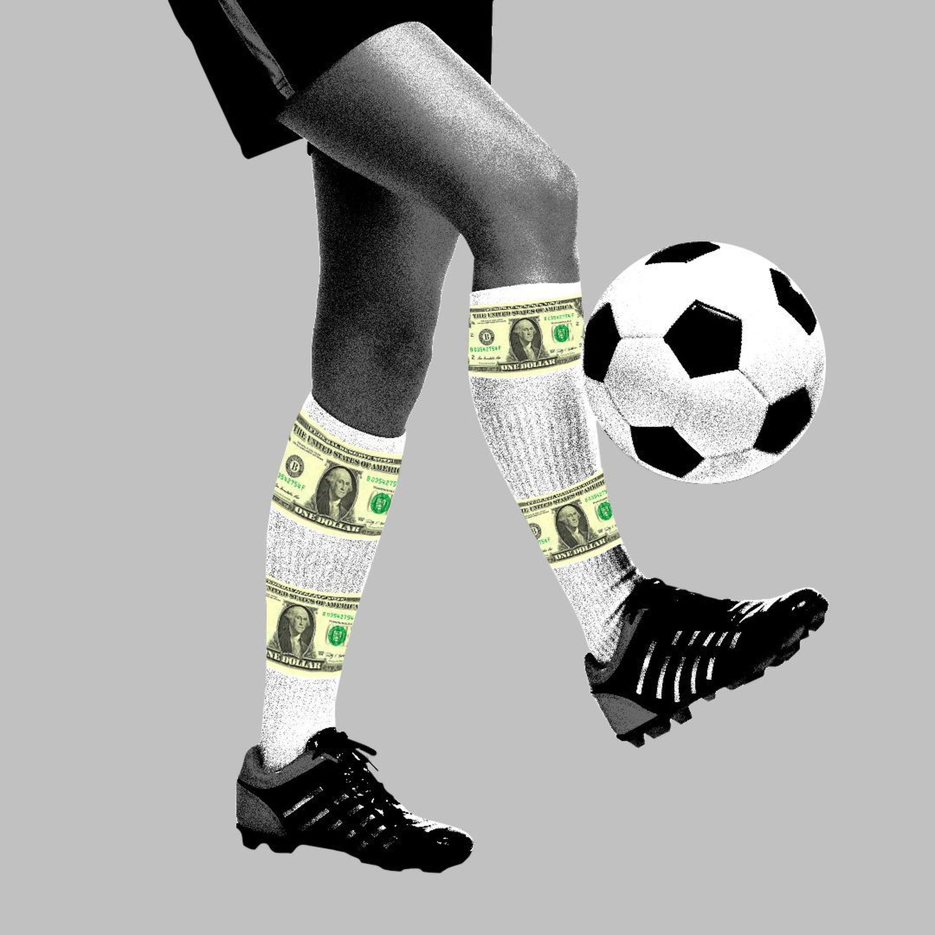 In this illustration, a soccer ball is kicked by someone wearing sports gear and socks with money printed on them.