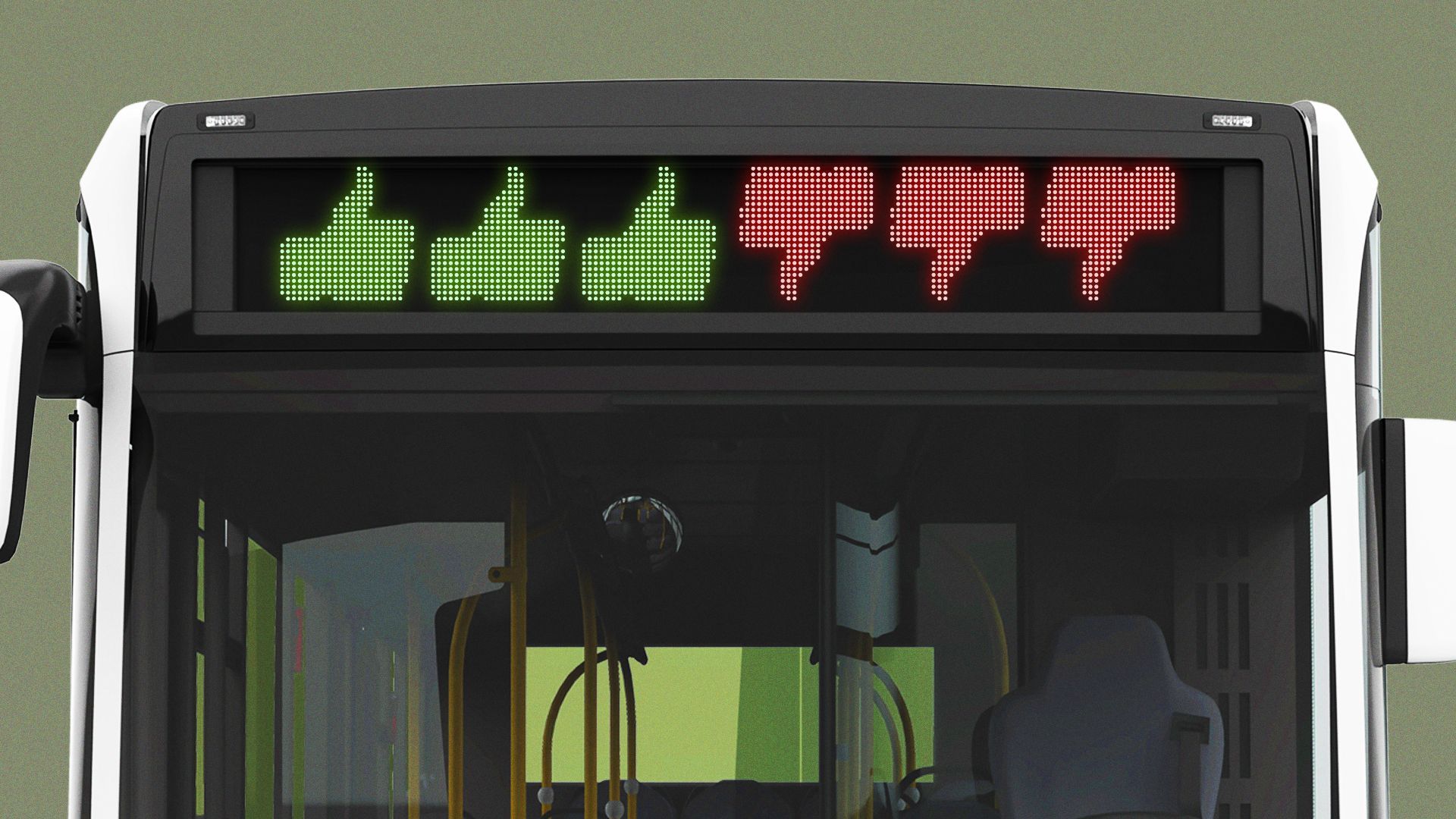 Illustration of a bus with both thumbs up and thumbs down in the destination ticker.