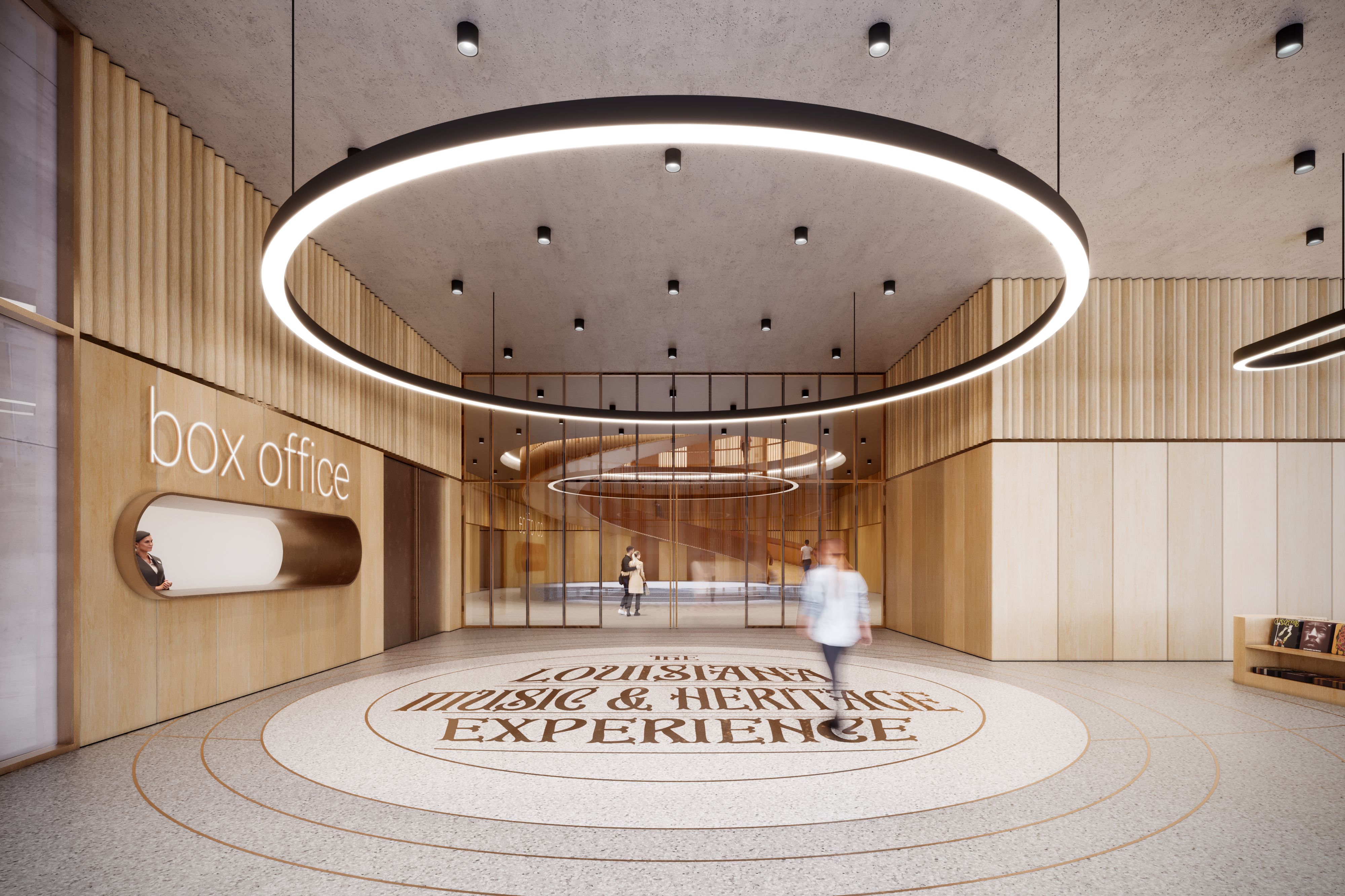 A rendering of the box office within the proposed Louisiana Music and Heritage Experience. Overhead, a large circular light fixture can be seen, and a sign for the box office is on a wall at left. The museum name is emblazoned within a white terrazzo floor.
