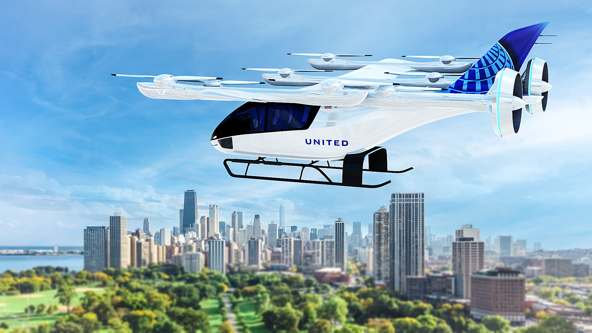 A white eVTOL with United branding flies over Chicago in an artist's rendering.