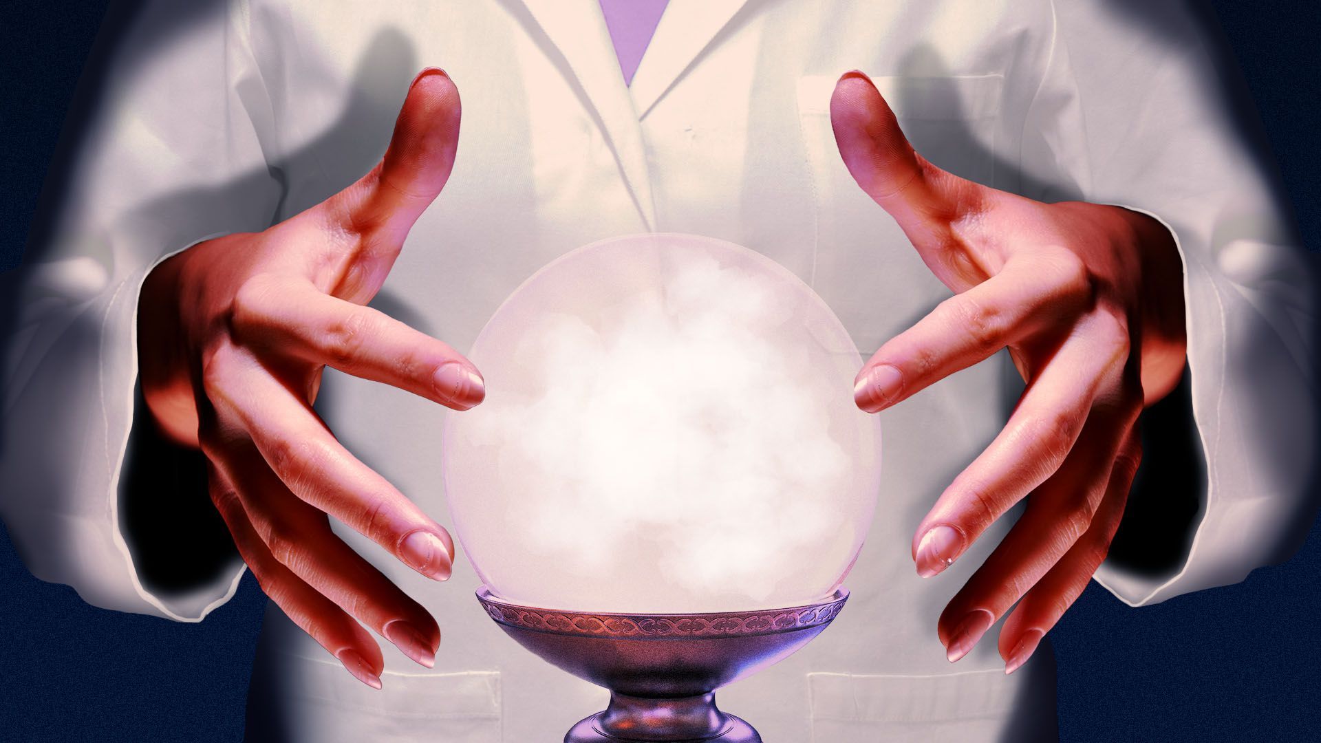 Illustration of a scientist with hands around a crystal ball