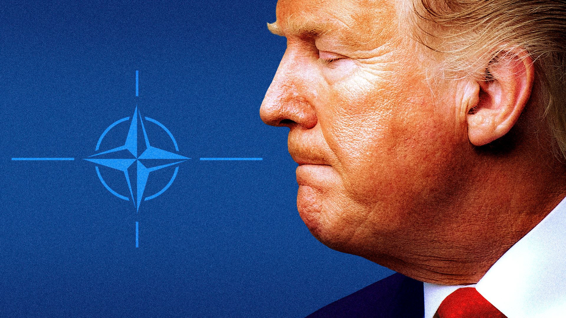 Photo illustration of President Trump looking down at the Nato logo