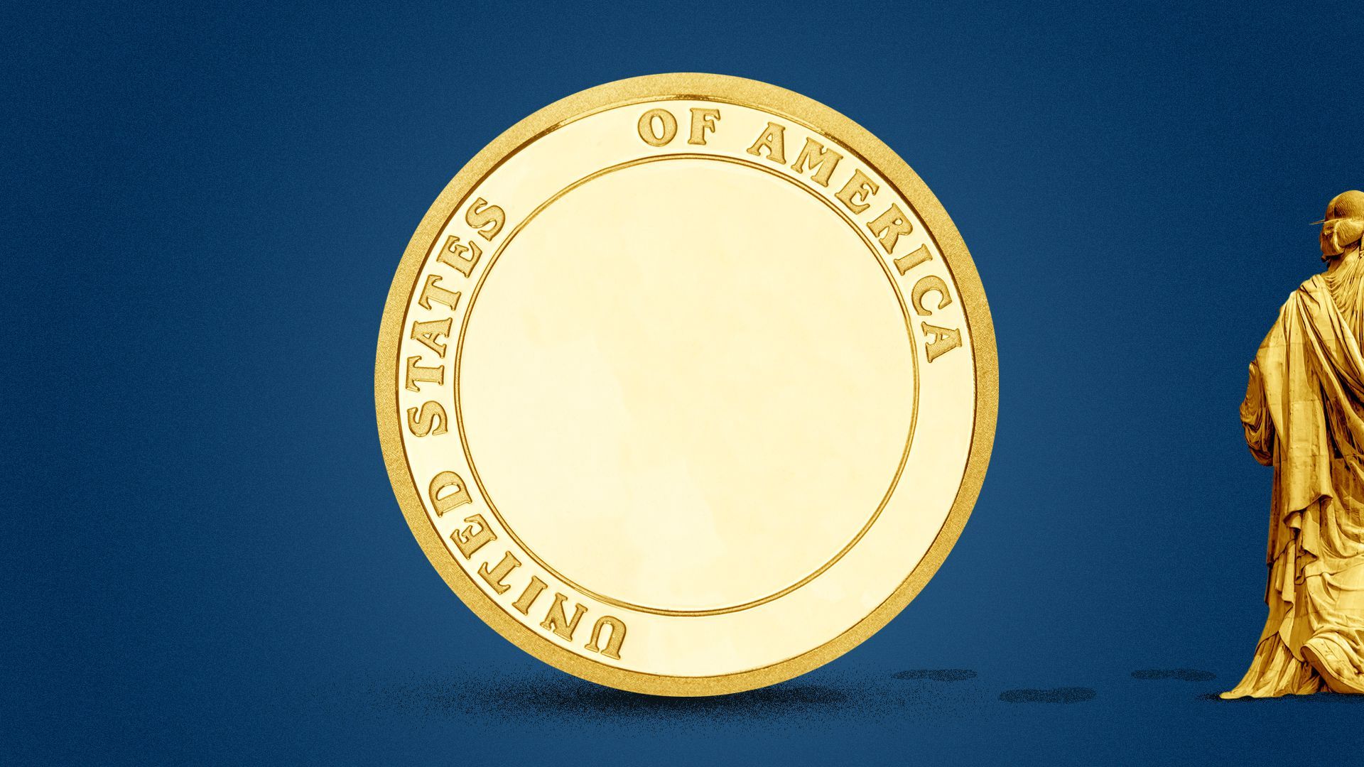 Illustration of the Statue of Liberty walking off of a one dollar coin. 