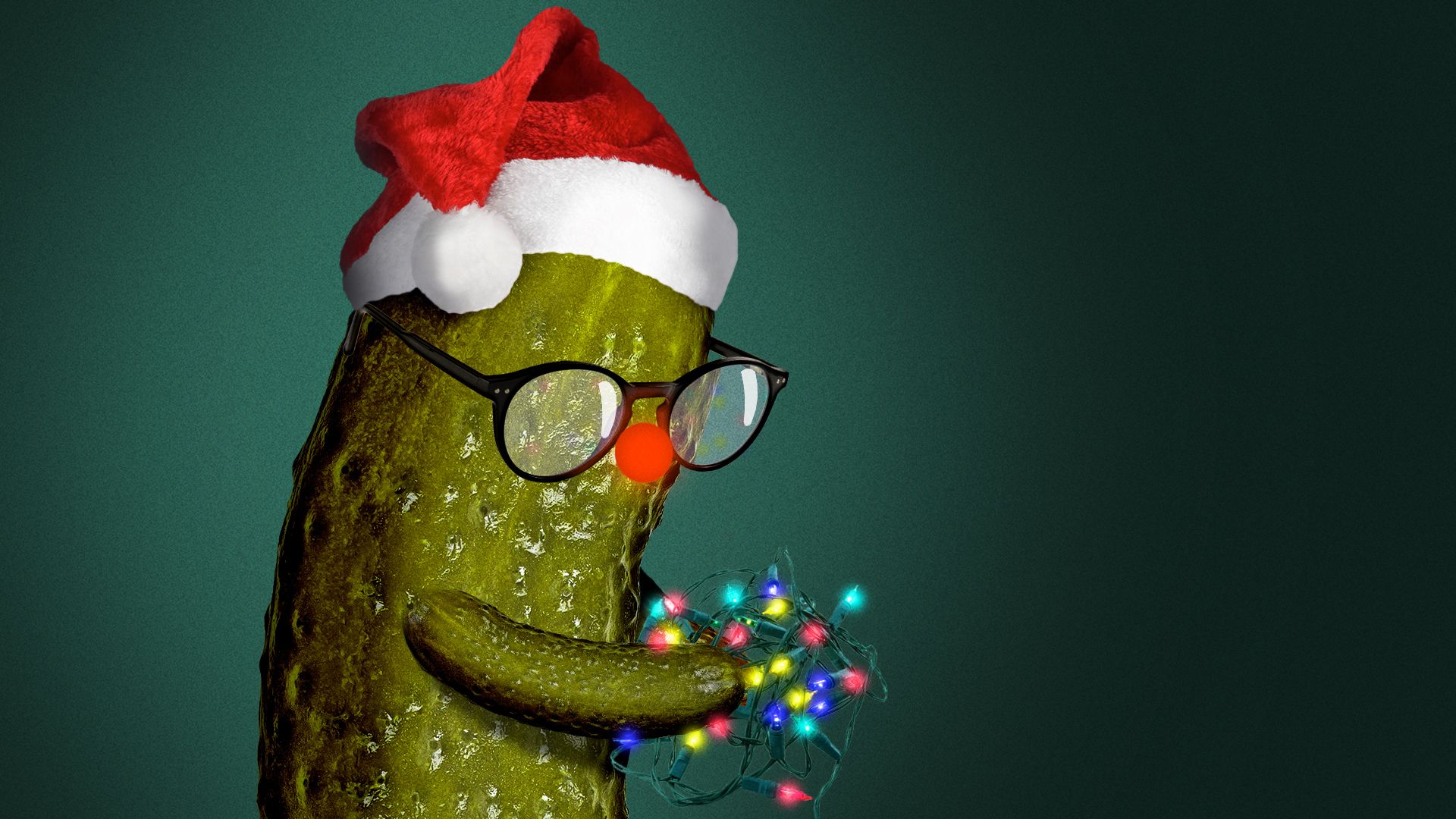 Illustration of a pickle wearing a Santa hat trying to untangle strings of lights. 