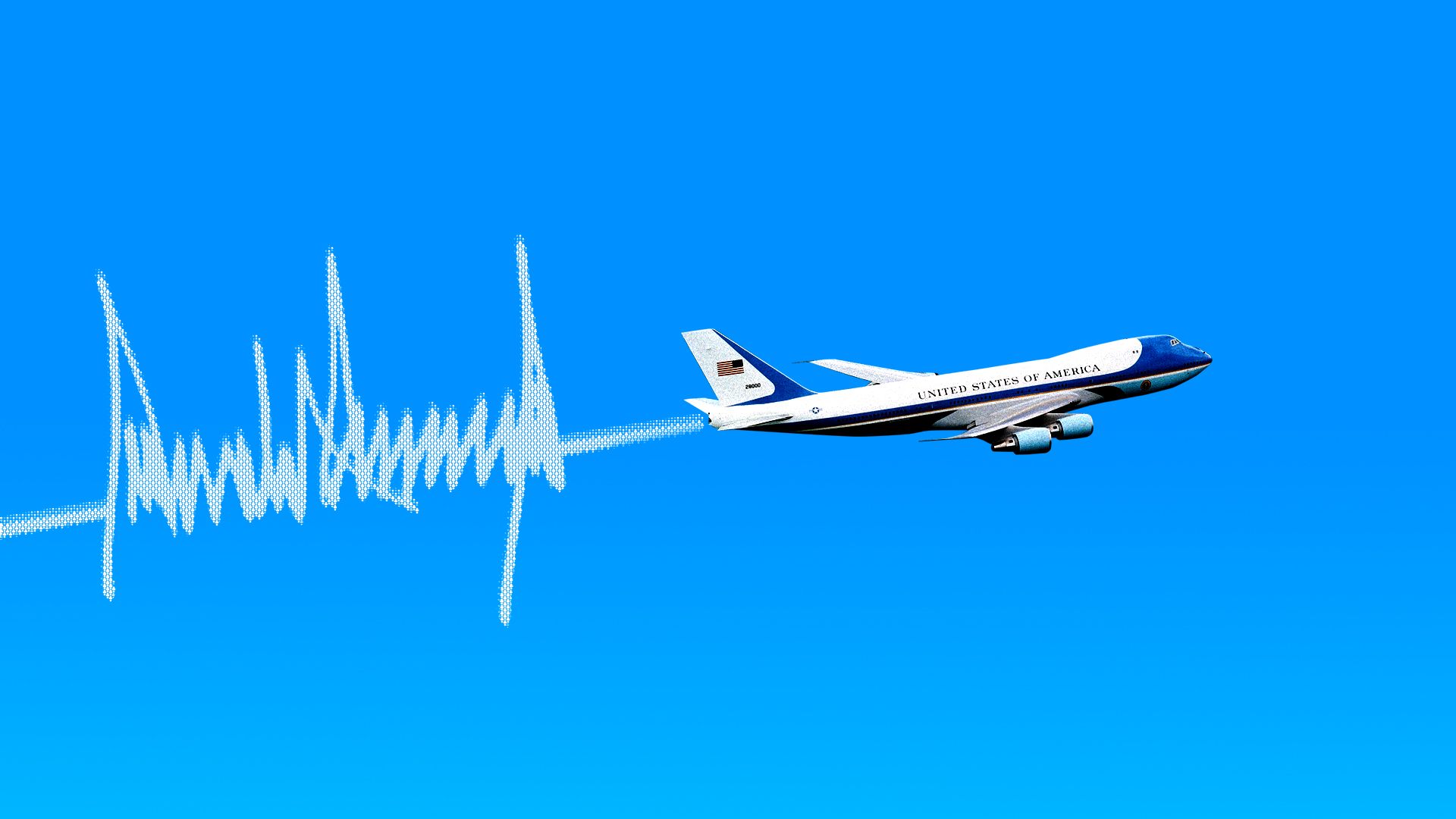 An illustration of Air Force One, with Donald Trump's signature in the place of the trails from the plane