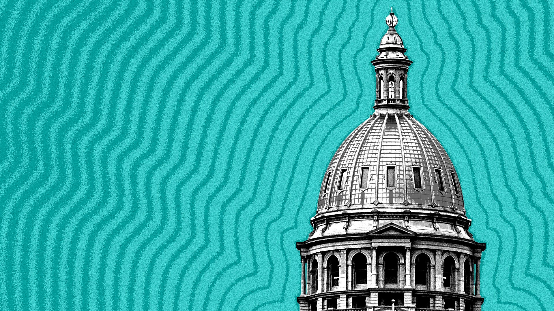 Illustration of the Colorado State Capitol with lines radiating from it. 