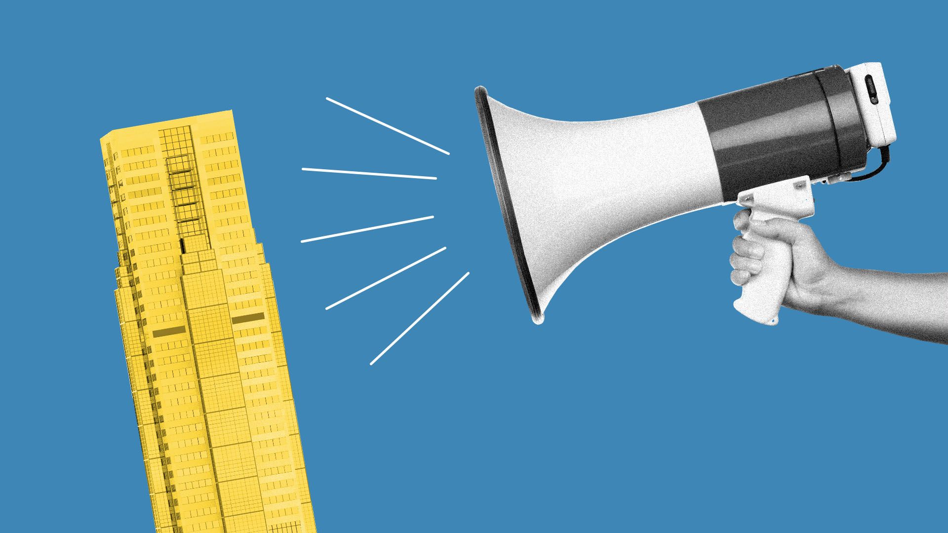 Illustration of a hand with a megaphone shouting at a building