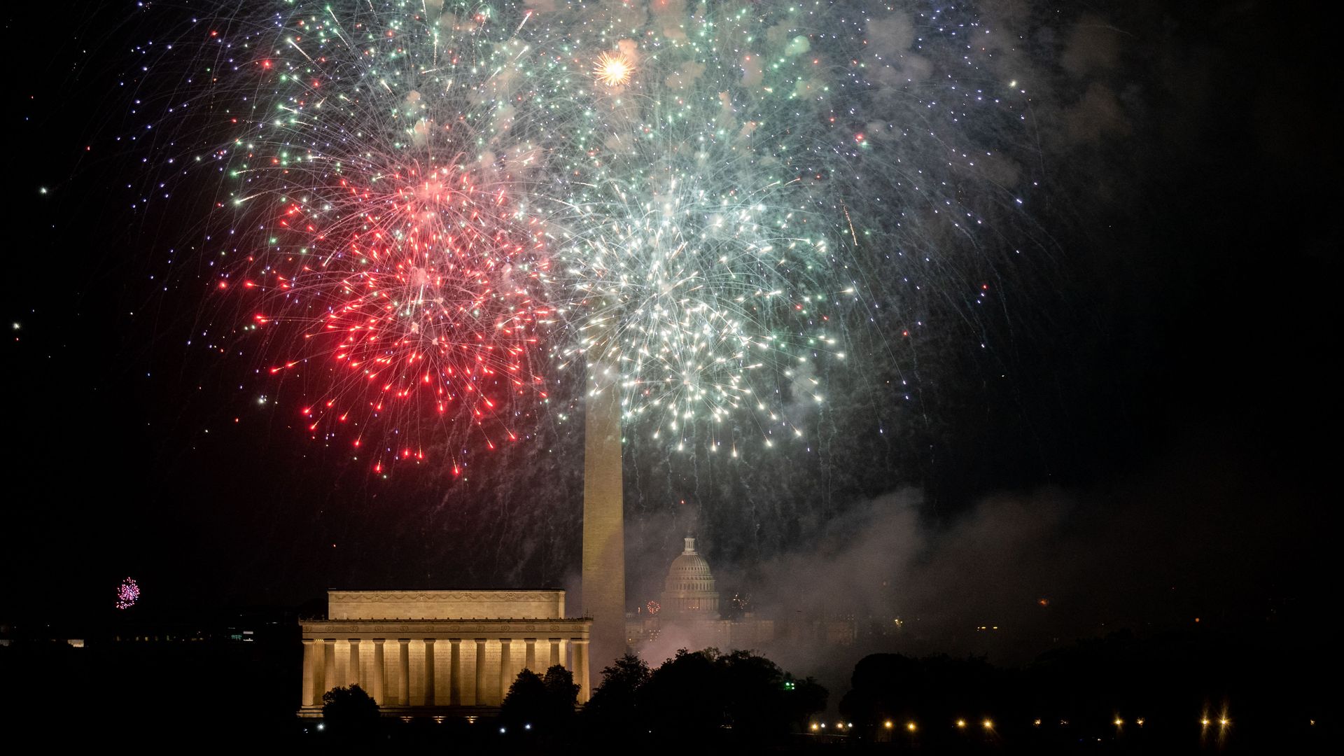 The Washington Monument is seen during the Independence Day fireworks display along the National Mall in Washington, DC, on July 4, 2023.