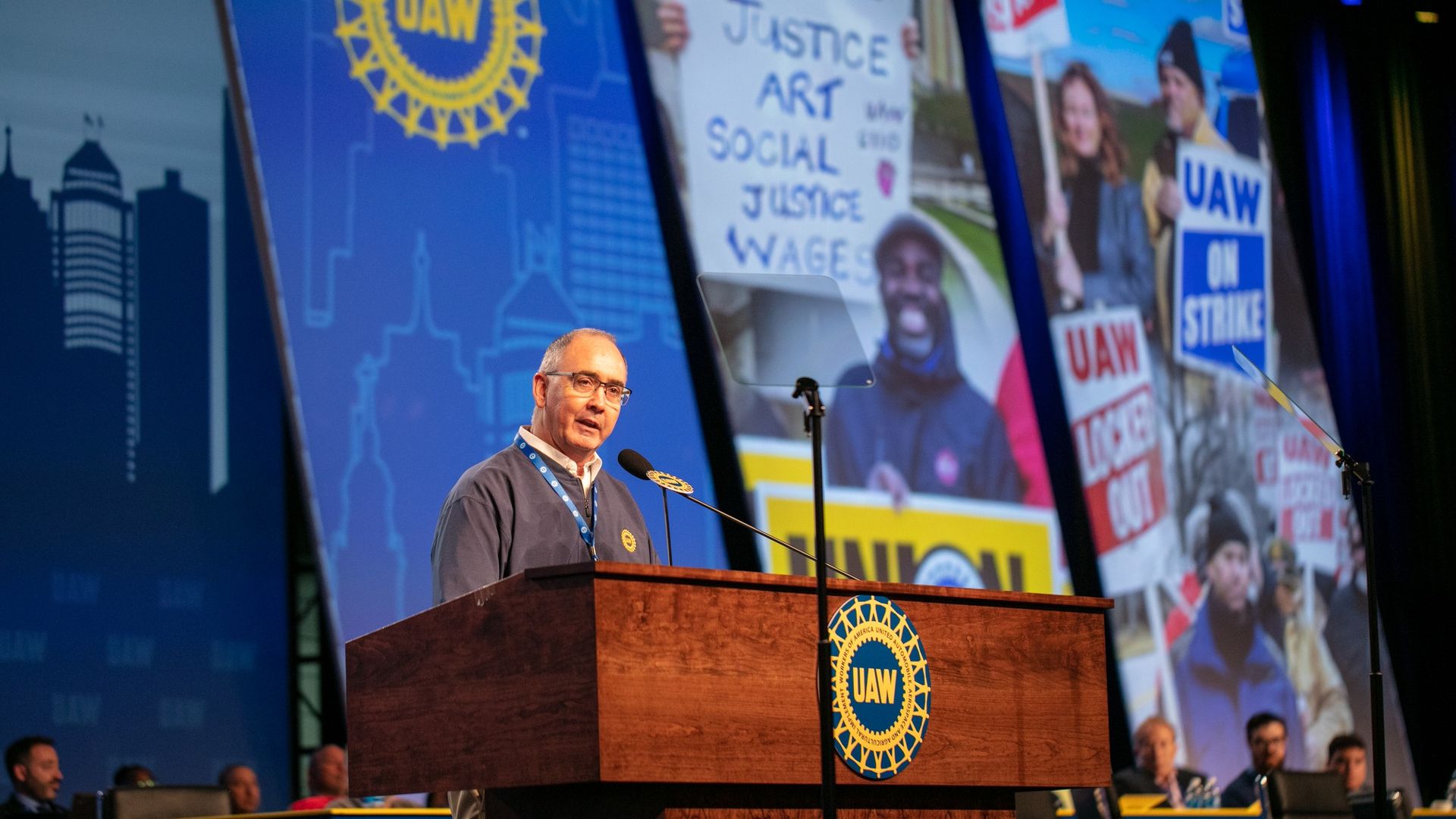 UAW President Shawn Fain addresses members at the UAW Special Bargaining Convention at Huntington Place. 