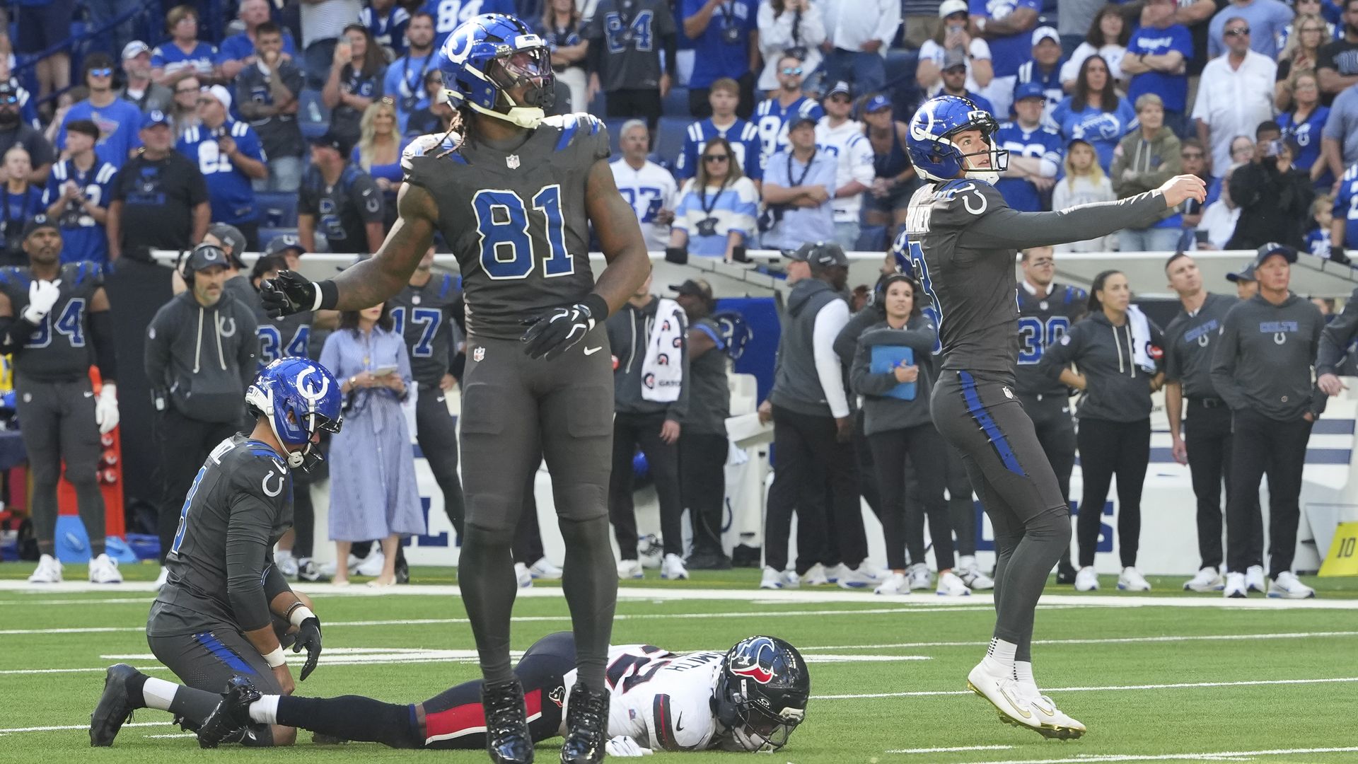 Spencer Shrader #3 of the Indianapolis Colts looks on after making a field goal against the Houston Texans during the fourth quarter of the game at Lucas Oil Stadium on September 27, 2026 in Indianapolis, Indiana. 