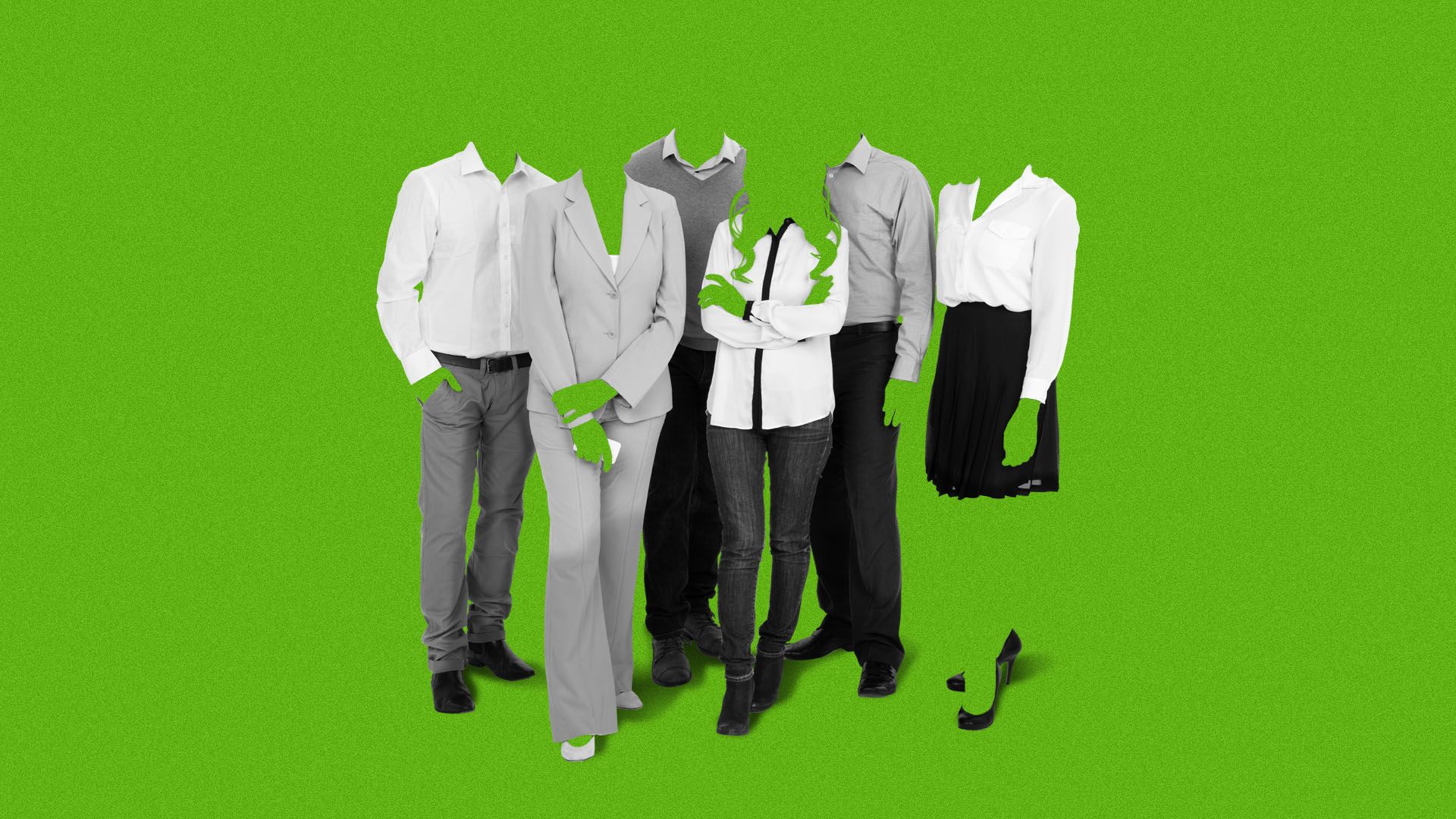 Illustration of a group of business people with their features invisible.