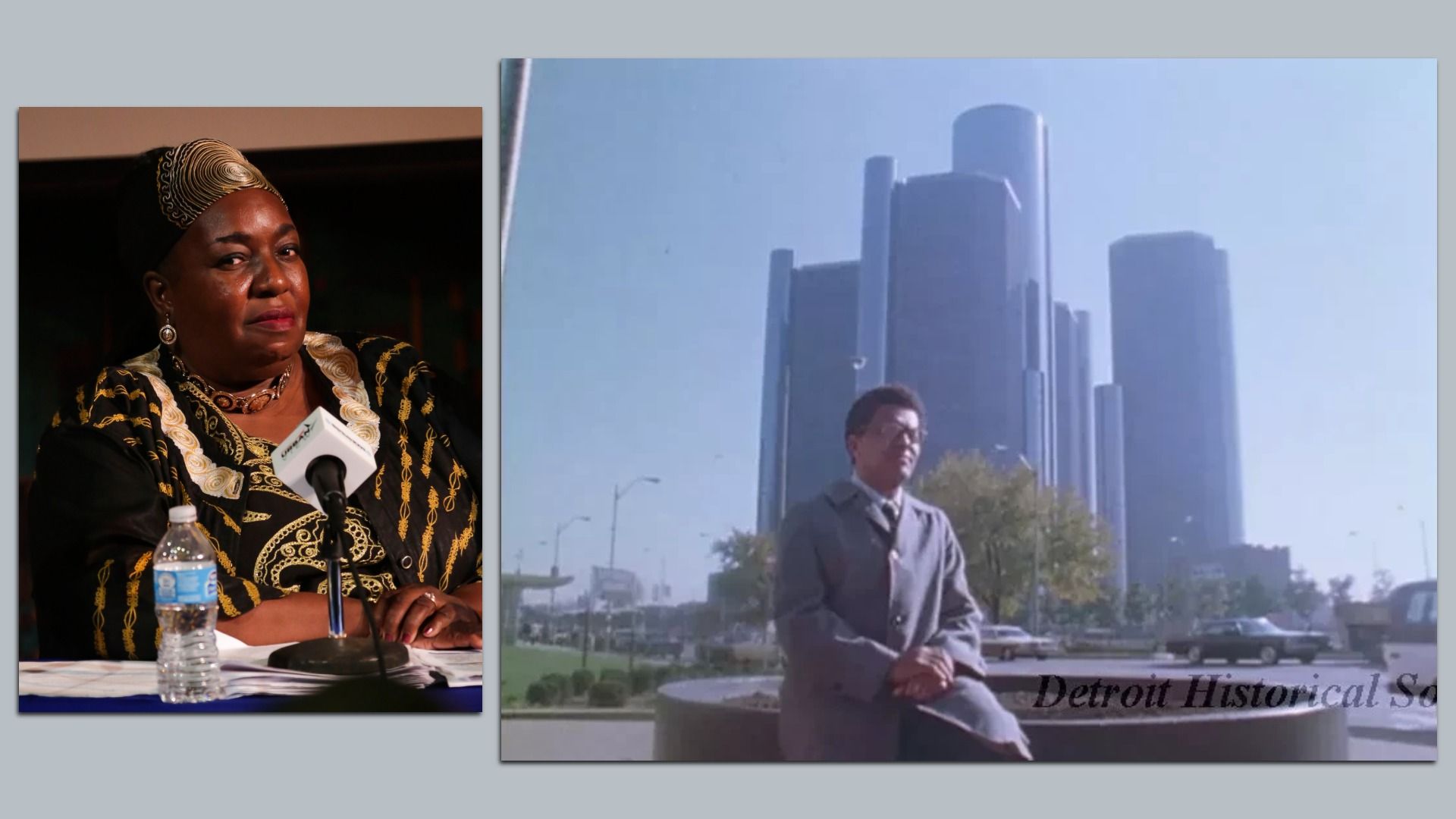 Two photos - one of JoAnn Watson posing, and one of Nicholas Hood sitting in front of the RenCen.