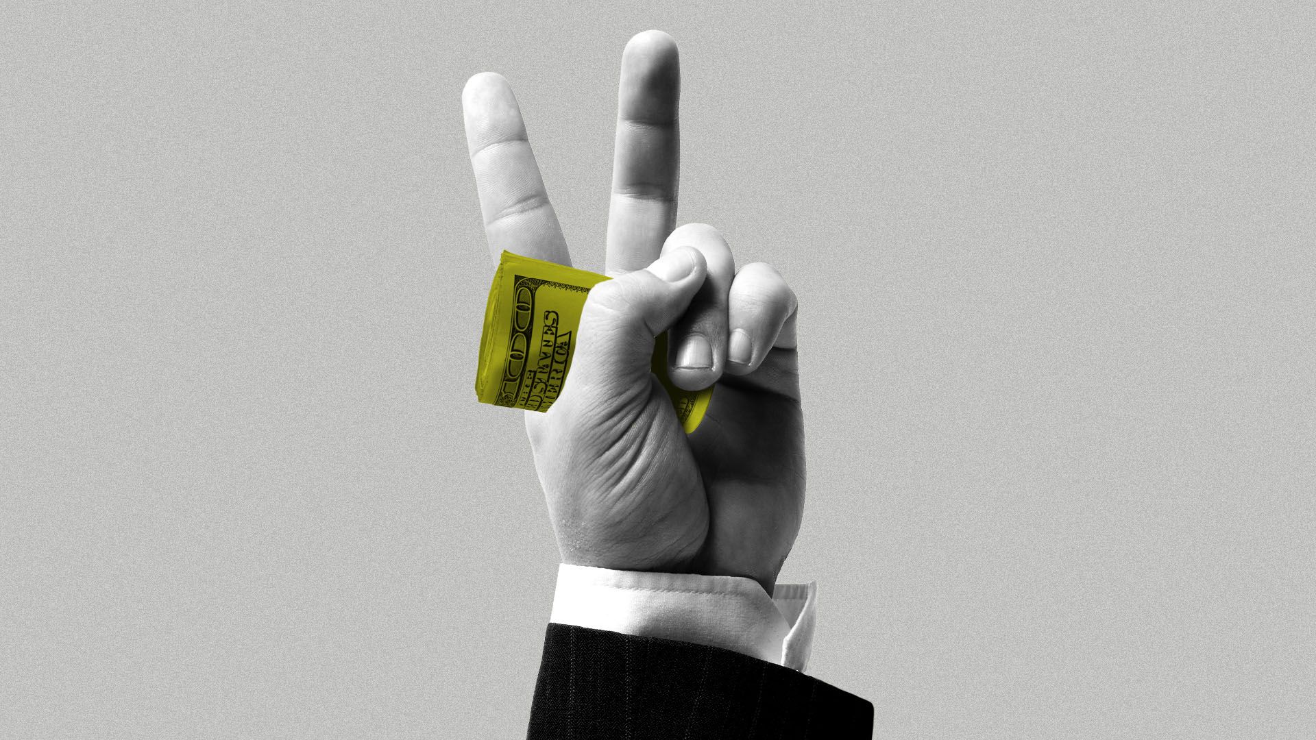 Illustration of a hand in a business suit giving a peace sign while holding a wad of hundred dollar bills