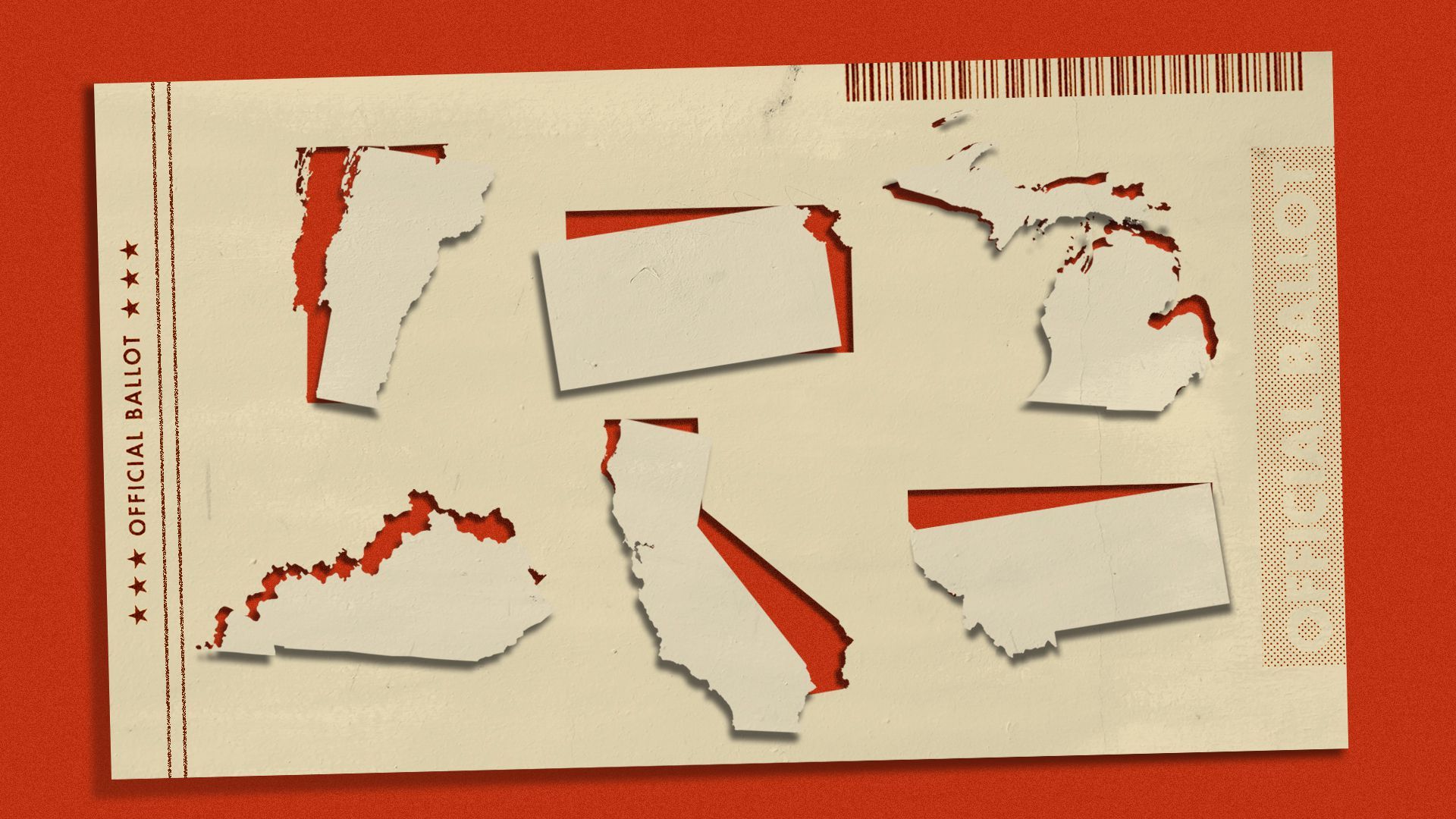 Illustration of a ballot with chads in the shape of Vermont, Montana, Michigan, Kentucky, California, and Kansas