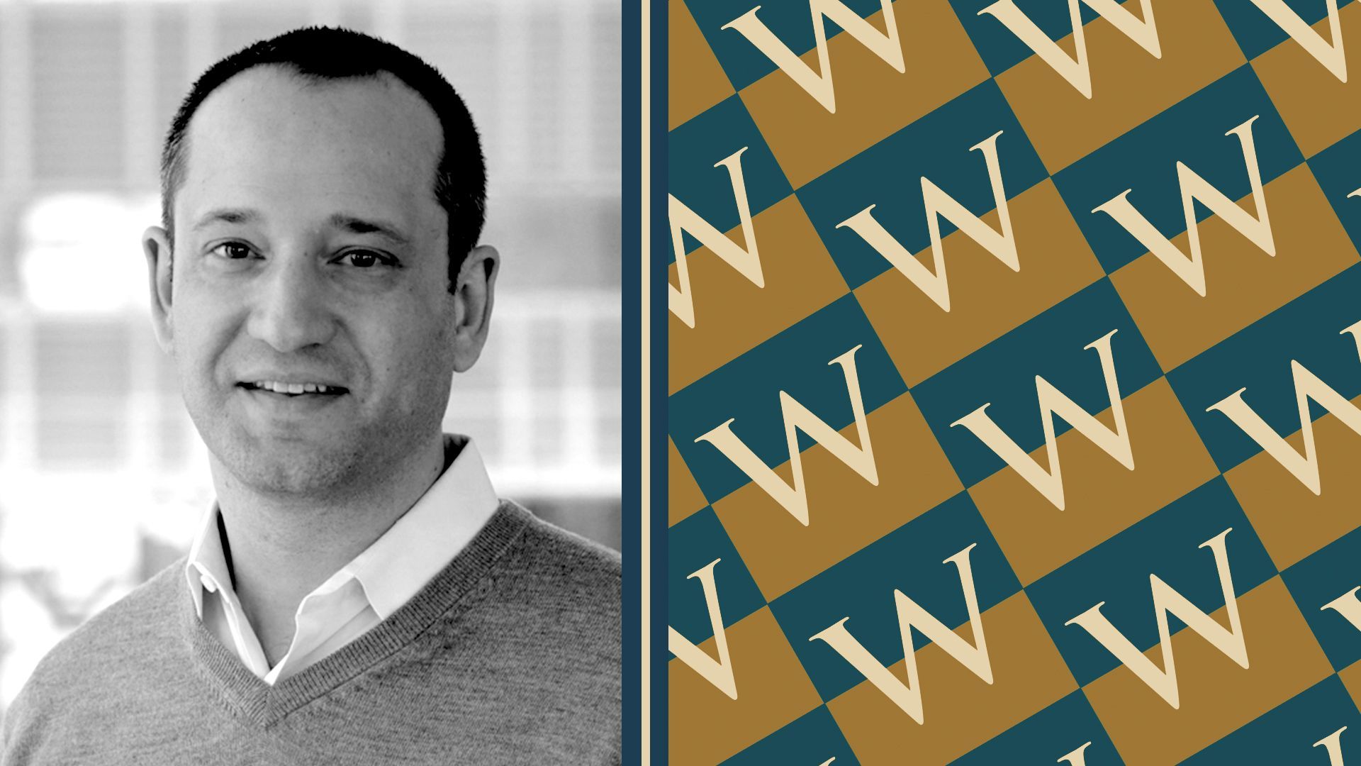 Photo illustration of Greg Wasserman next to a pattern of Ws from the Wellington Management logo.
