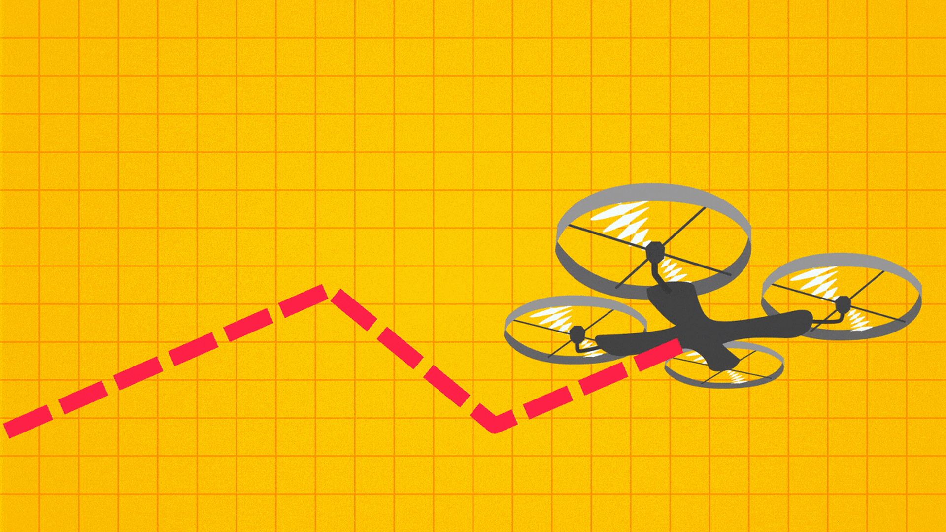 Illustration of a drone flying across a chart grid and leaving a dotted, red, upward line behind it.