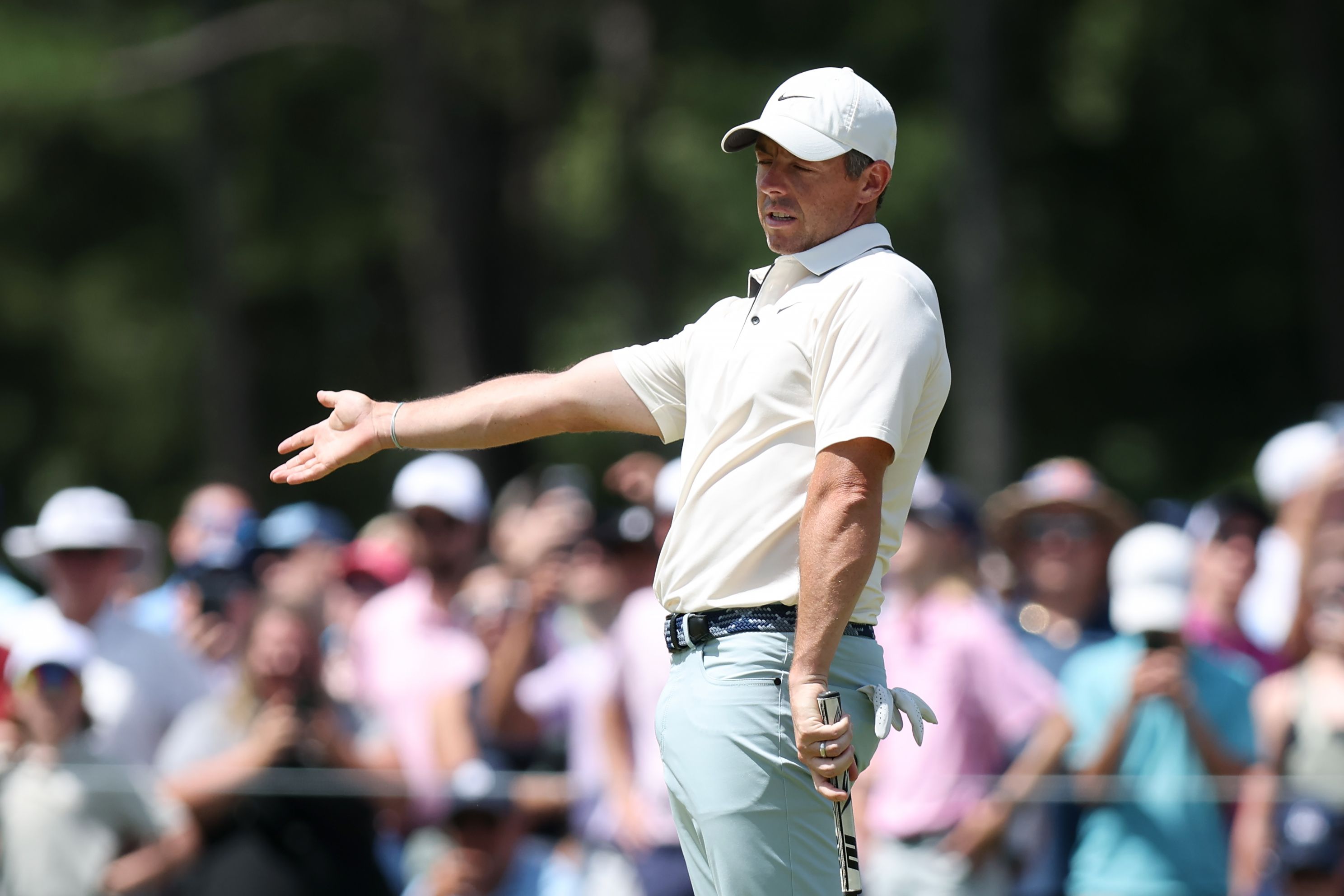 Rory McIlroy of Northern Ireland reacts to a putt on the ninth green during the final round of the PGA Championship at Quail Hollow Country Club on May 18, 2025 in Charlotte, North Carolina. (Photo by Kenneth Richmond/Getty Images)