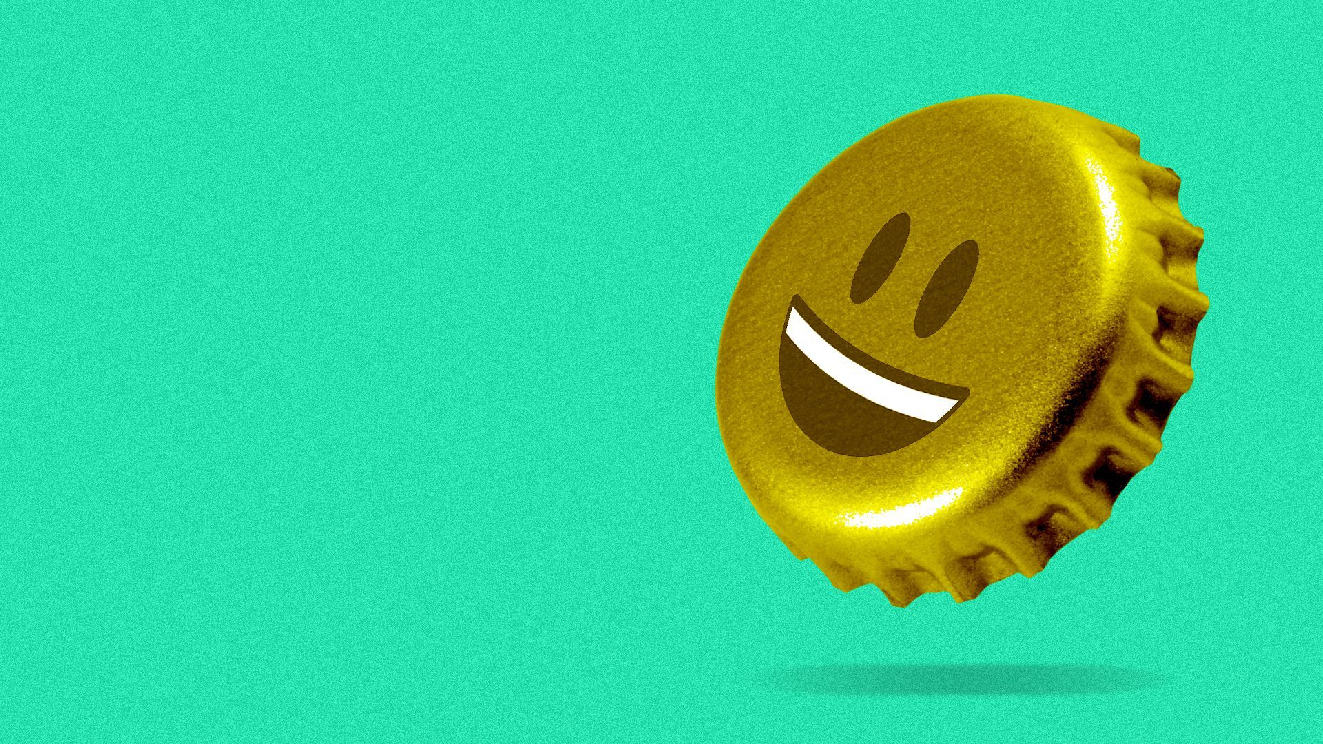 Illustration of a beer bottle cap with a grinning emoji face on it.