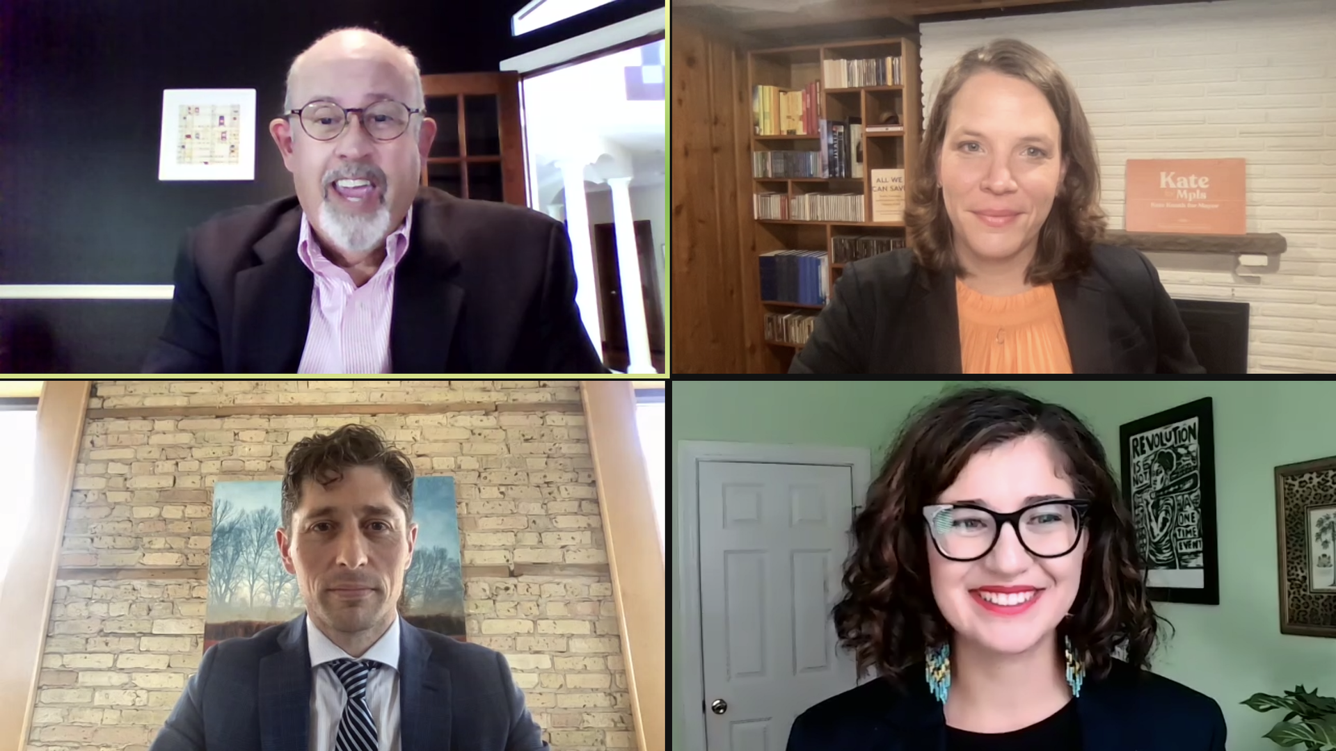 A Zoom debate among Minneapolis mayoral candidates, including incumbent Jacob Frey, Sheila Nezhad and Kate Knuth.