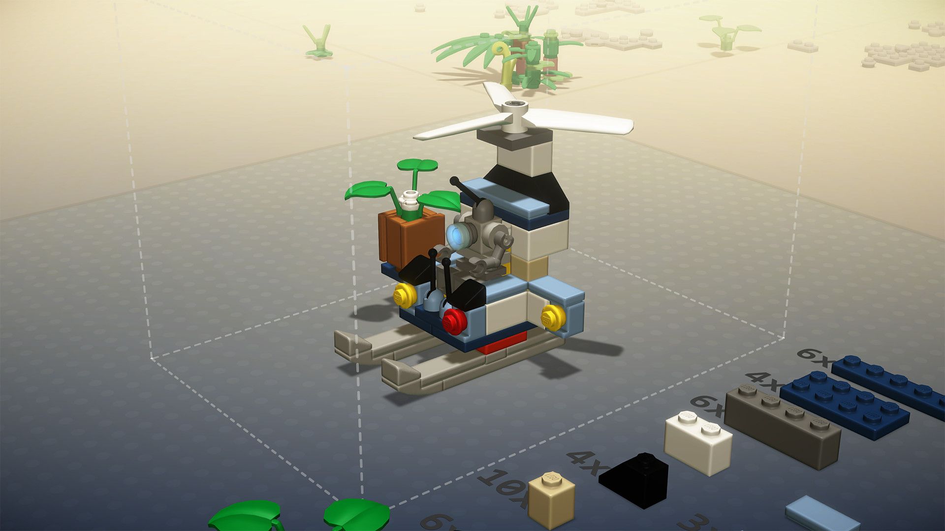 Video game screenshot of a gyrocopter being made out of virtual Lego pieces