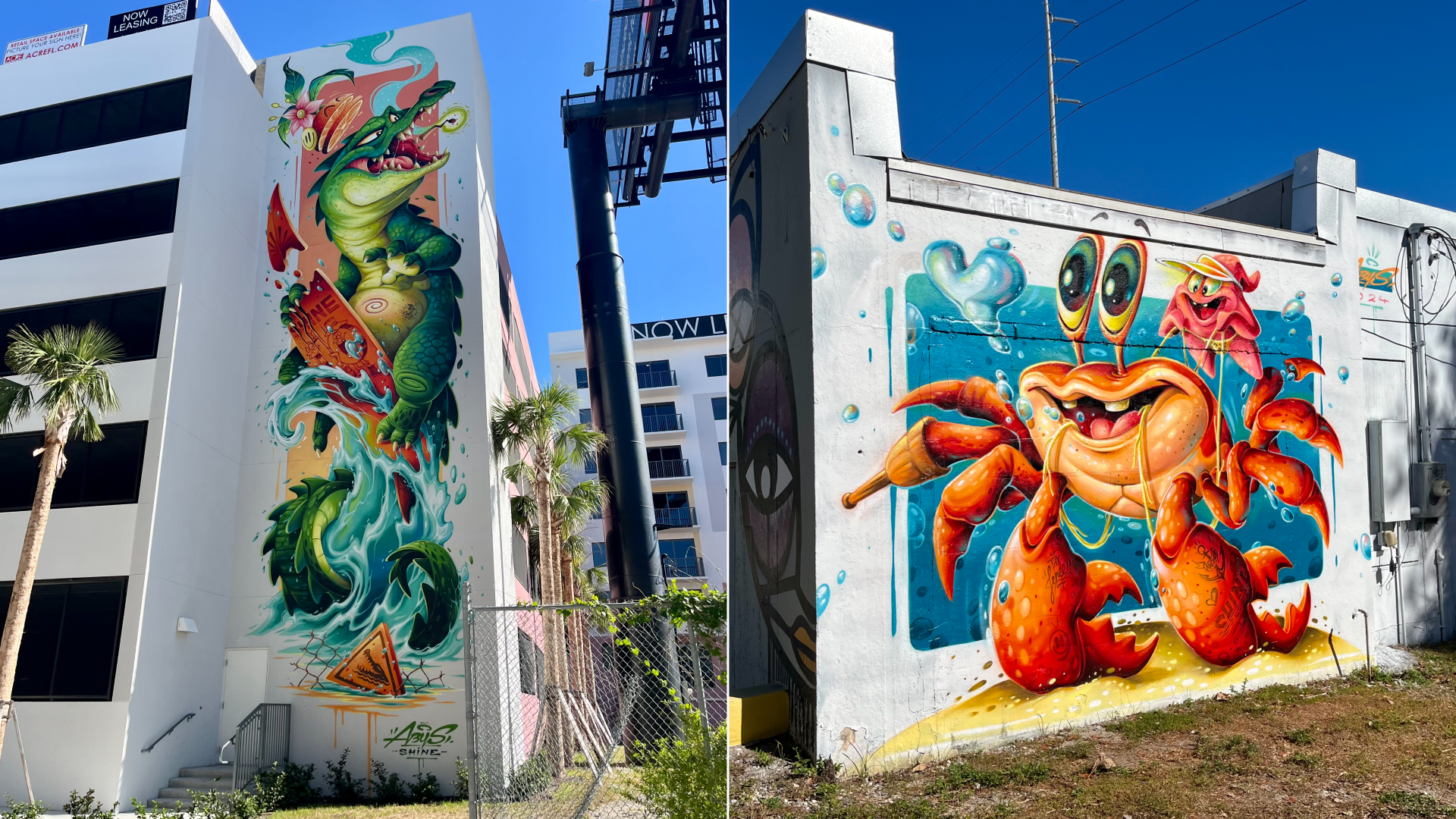 A collage of two photos of murals. On the left: An alligator writing a skateboard through waves. On the right: A deranged-looking red crab being by reins held by a pink starfish.