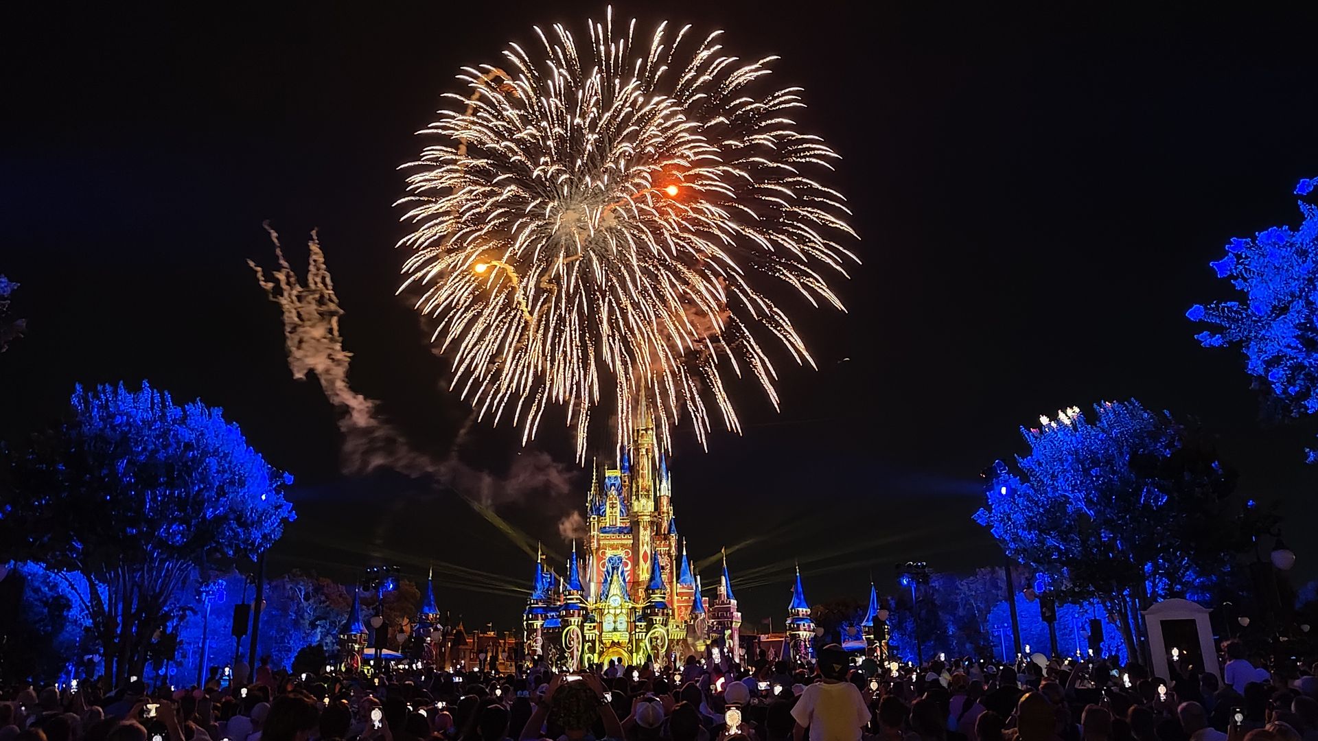 Fireworks light up the sky at Walt Disney World above Cinderella's castle