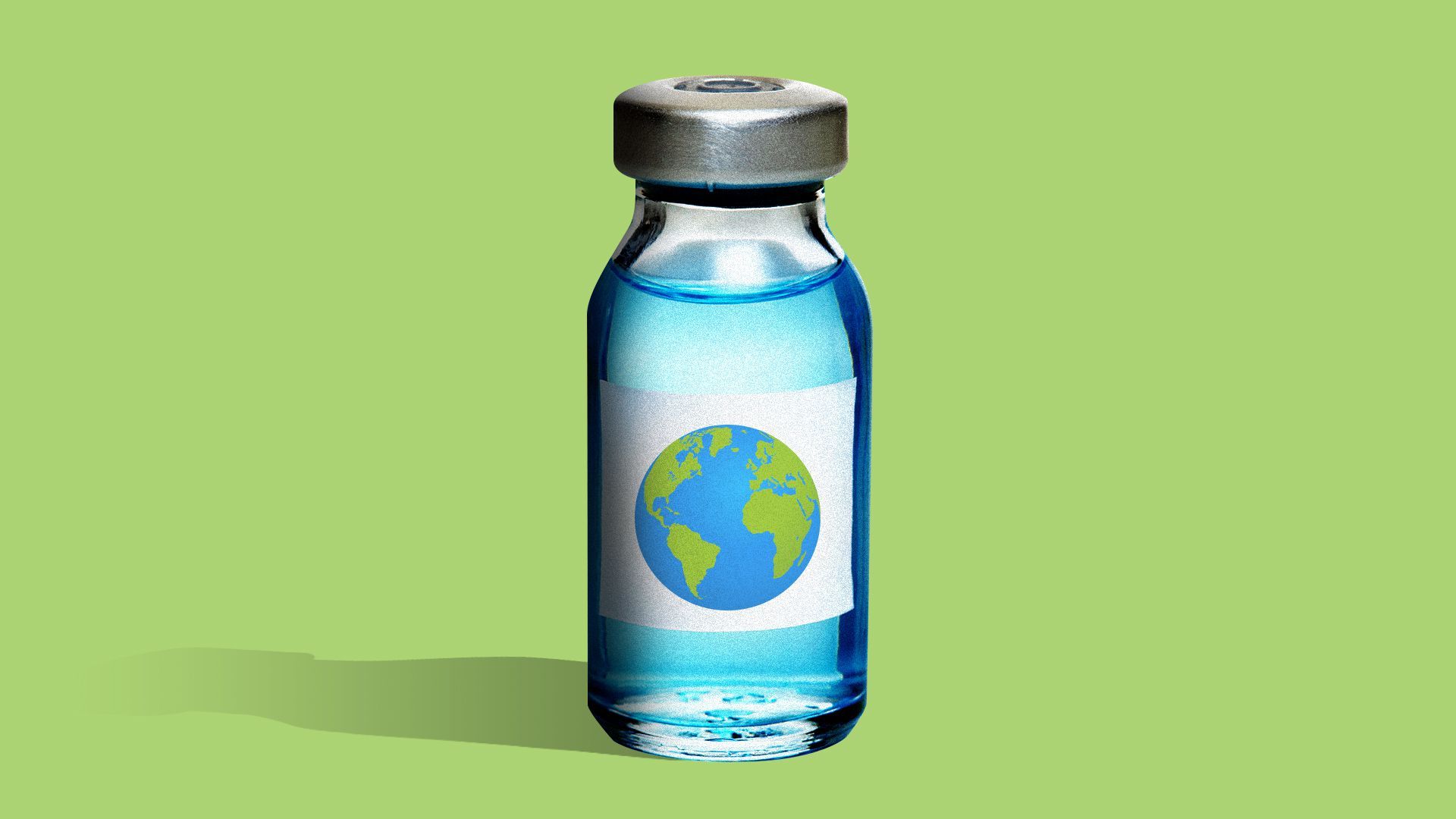 Illustration of a vaccine bottle with a picture of the Earth on its label.