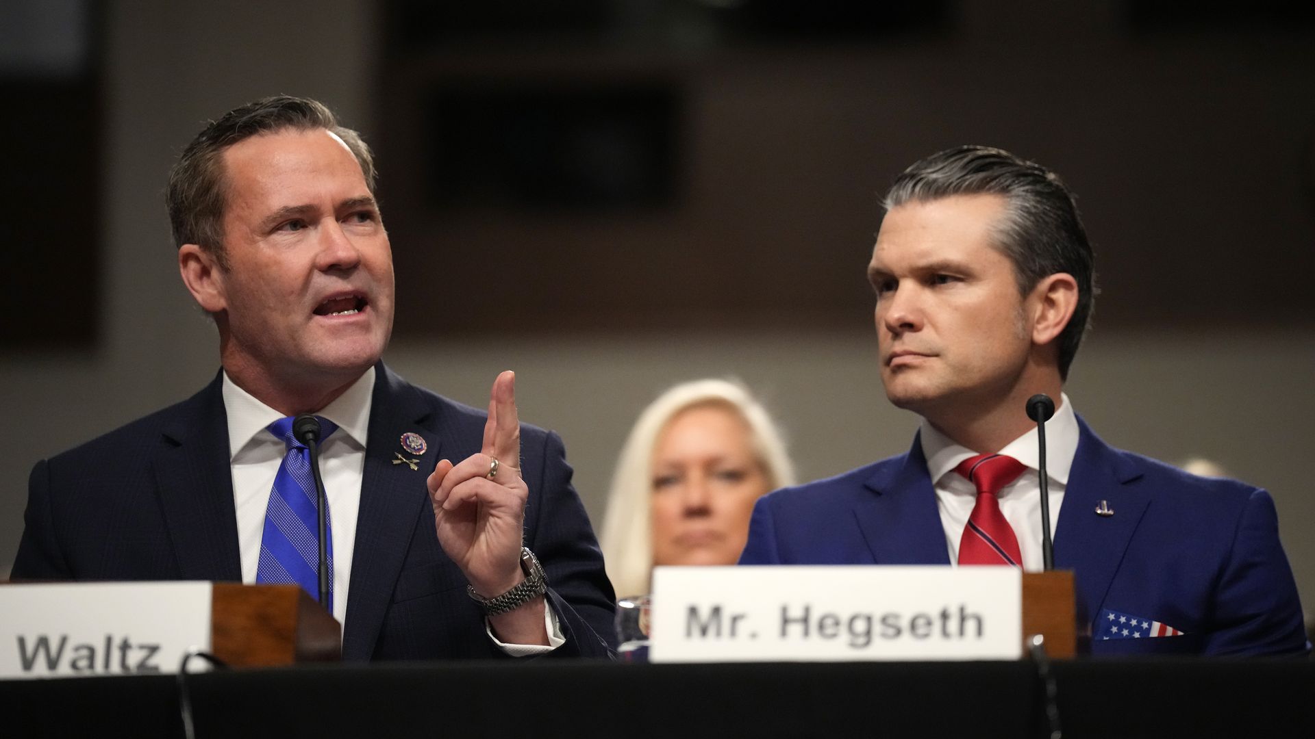 Michael Waltz (R-FL) (L) introduces U.S. President-elect Donald Trump's nominee for Secretary of Defense Pete Hegseth during his Senate Armed Services confirmation hearing on Capitol Hill on January 14