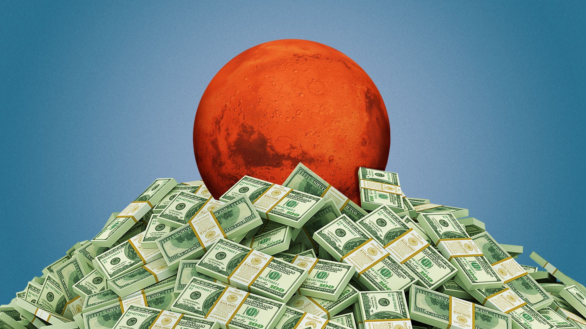 Illustration of Mars sitting at the top of a large pile of money. 