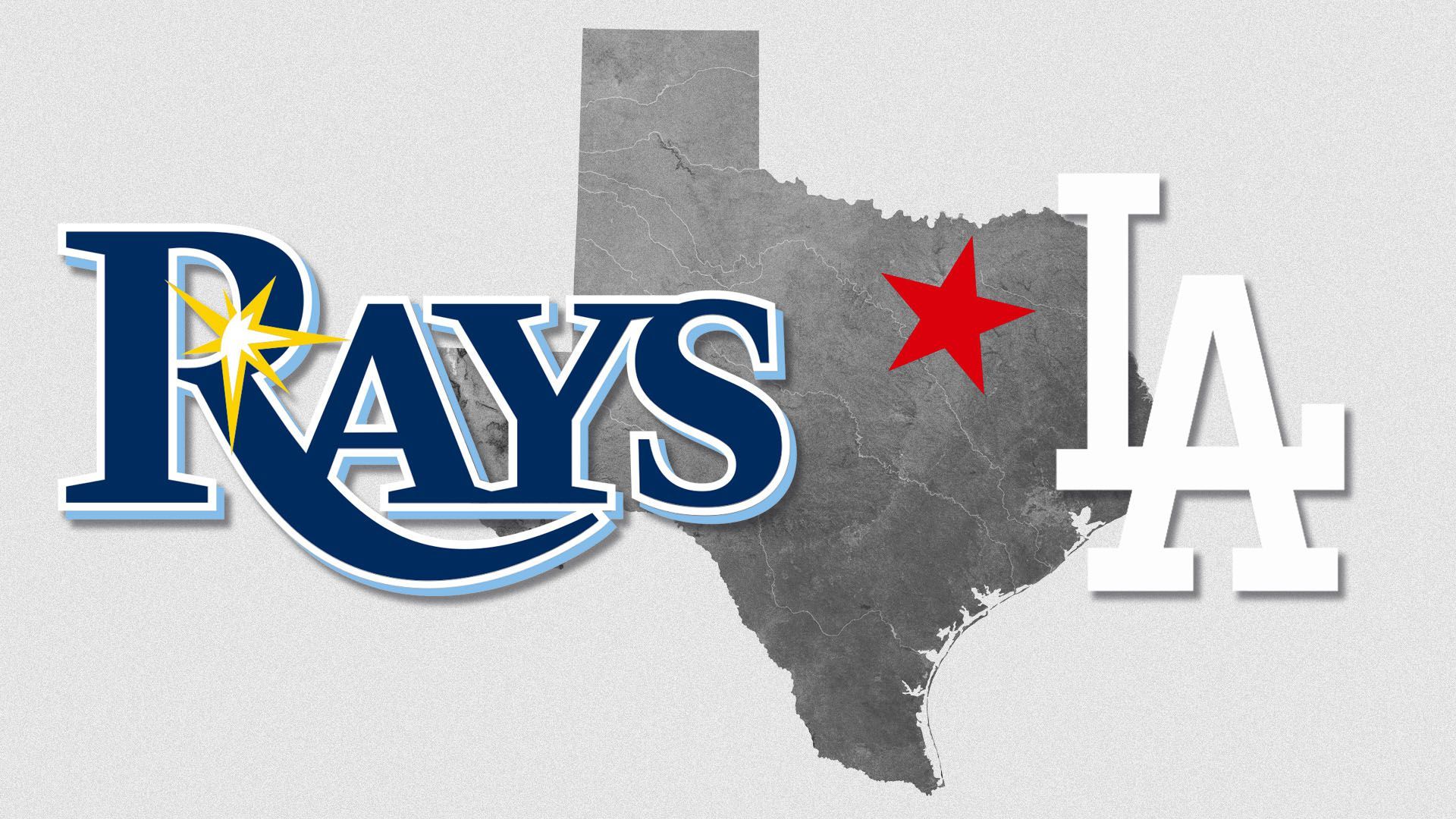 Illustration of the Rays and the Dodgers logos over a topographical map of Texas