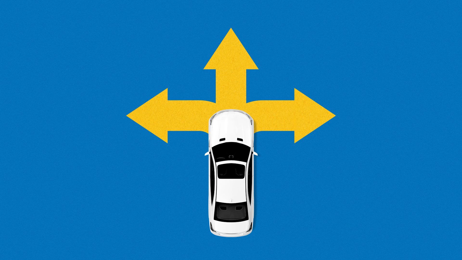 Illustration of car on a three-way street sign.