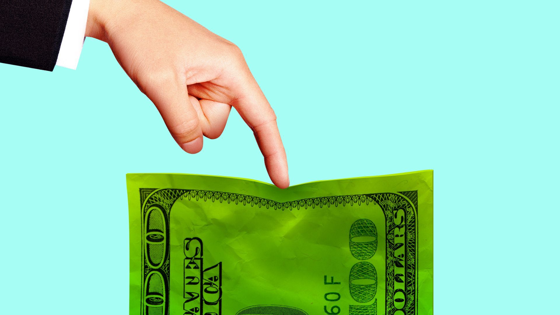 Illustration of a hand pushing down a hundred dollar bill. 