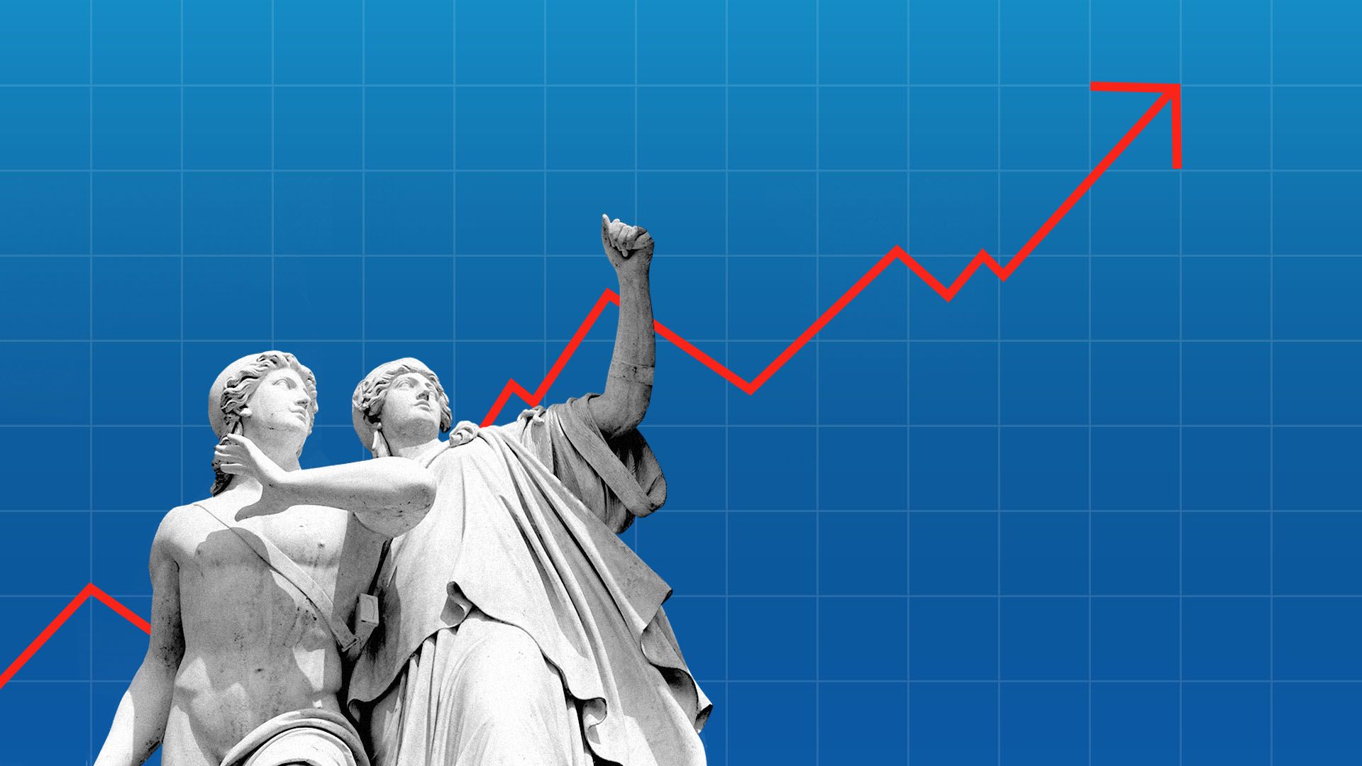 Illustration of an upward trending stock chart with Greek statues cheering on