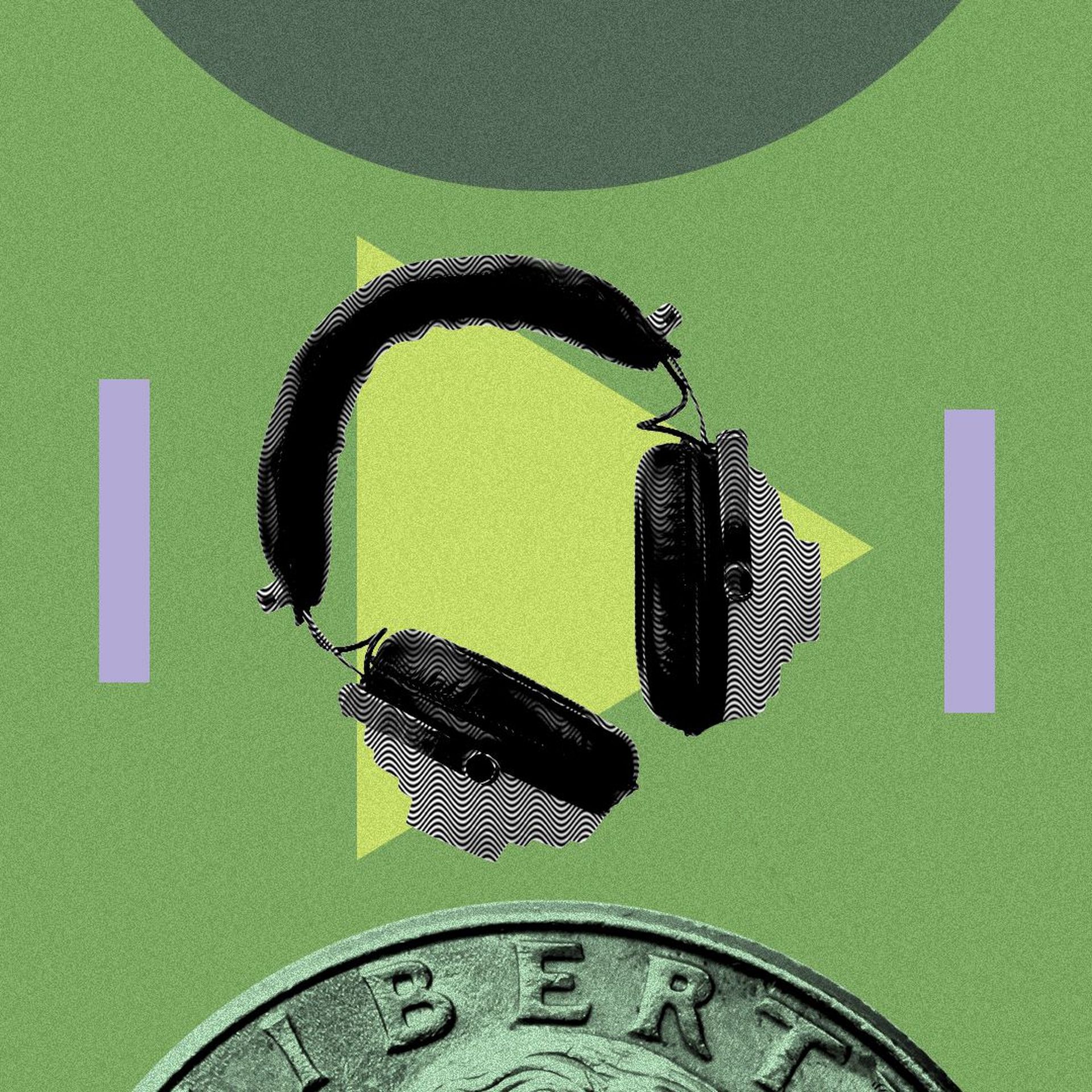 Illustration of a collage featuring headphones and pieces of money.